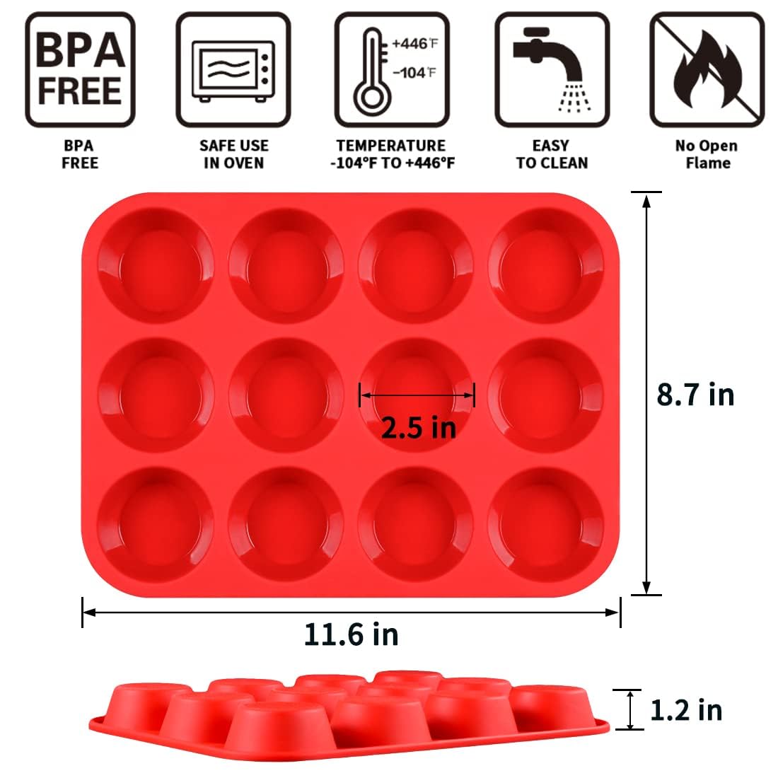 Caketime Silicone Muffin Pan, 12-Cup Cupcake Pan For Baking 3 Pack Nonstick Food Grade Silicone