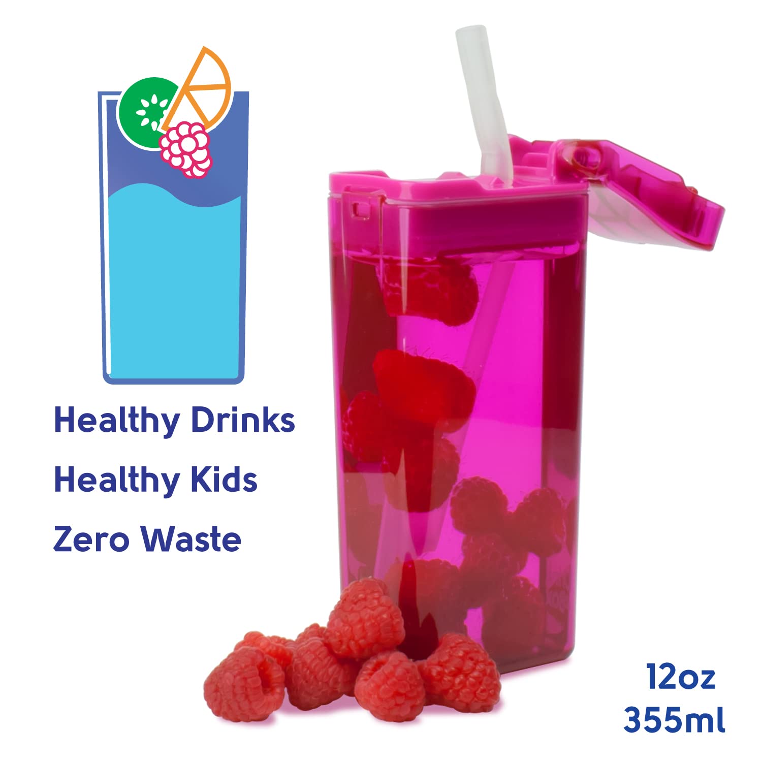 Precidio Design Drink In The Box Eco-Friendly Reusable Juice Box Container, 12 Ounce, Pink