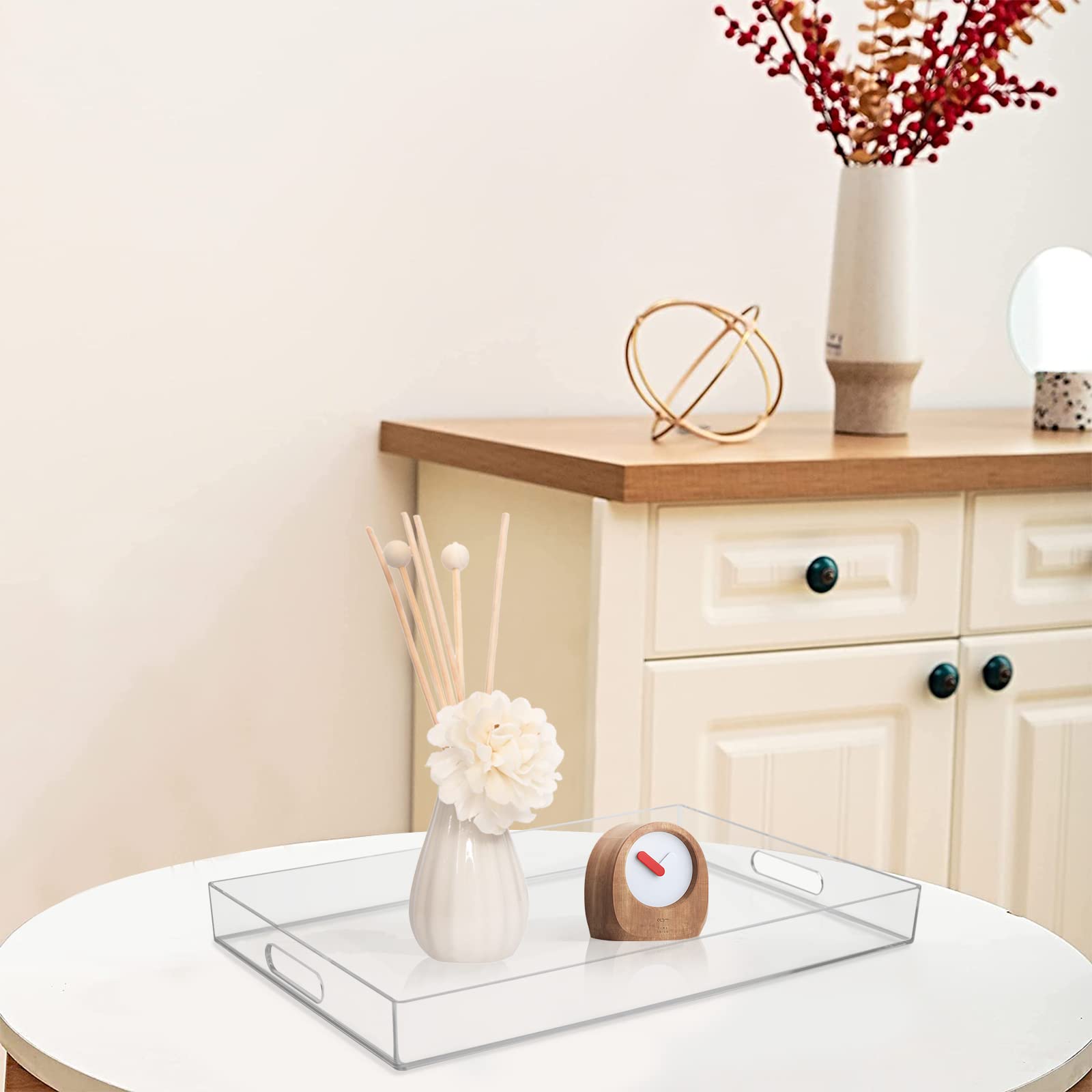 Maoname Clear Serving Tray With Handles, Plastic Clear Tray, Rectangle Decorative Tray For Coffee Table, Ottoman, Bathroom, Vani