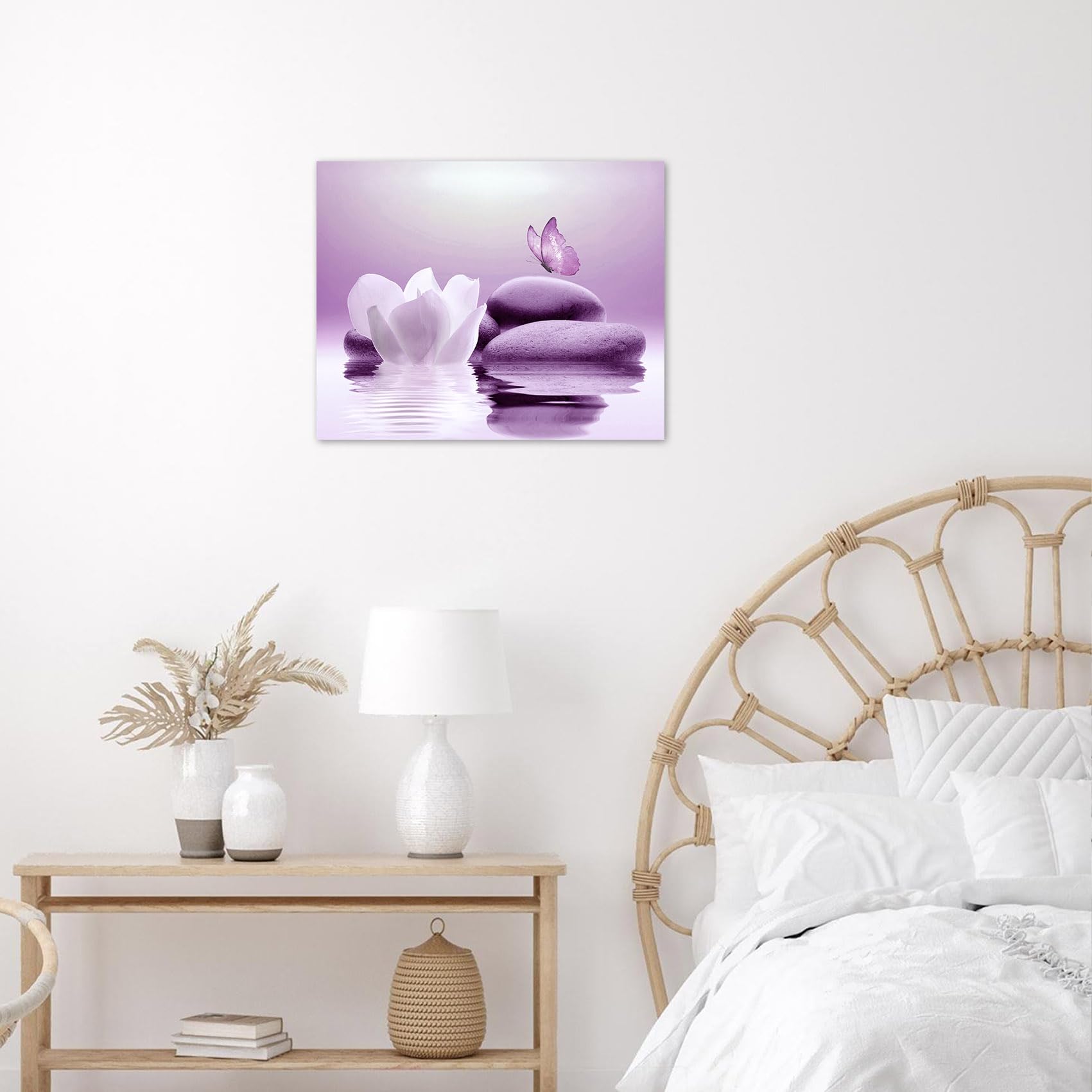 Eobtain Zen Water Lily Canvas Wall Art White Floral And Purple Butterfly On Stone Bedroom Wall Decor Modern Spiritual Yoga Spa P