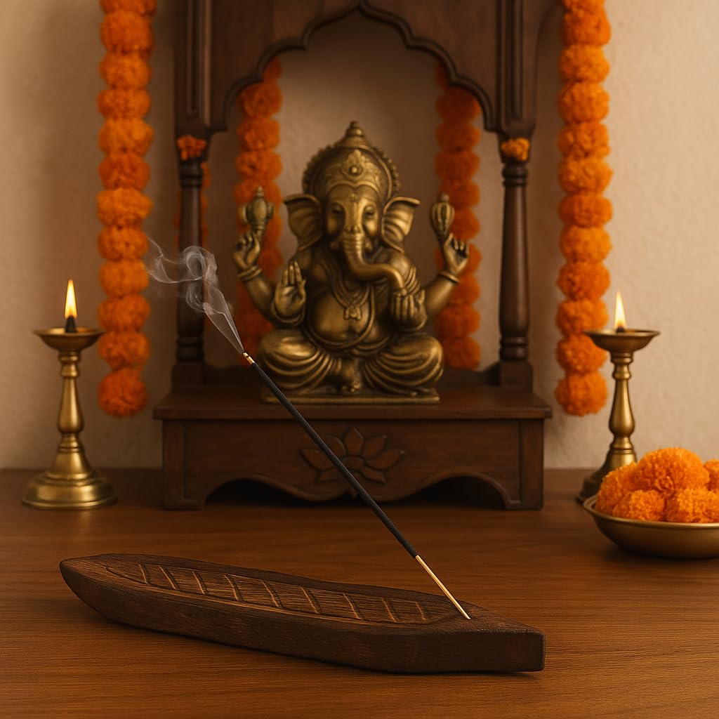 Pure Source India Wooden Agarbatti Stand/Incense Holder/Incense Stand With Leaf Design 28Cm