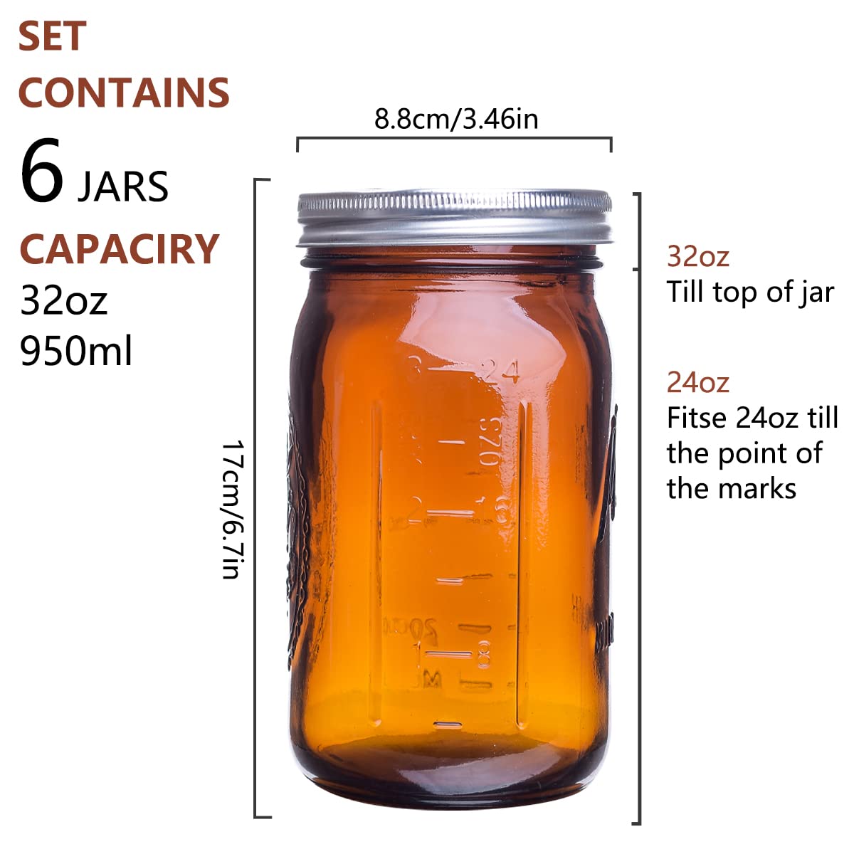 Eleganttime Amber Glass Mason Jars 32 Oz Wide Mouth With Airtight Lids And Bands 6 Pack Large Glass Canning Mason Jars Quart,Gre
