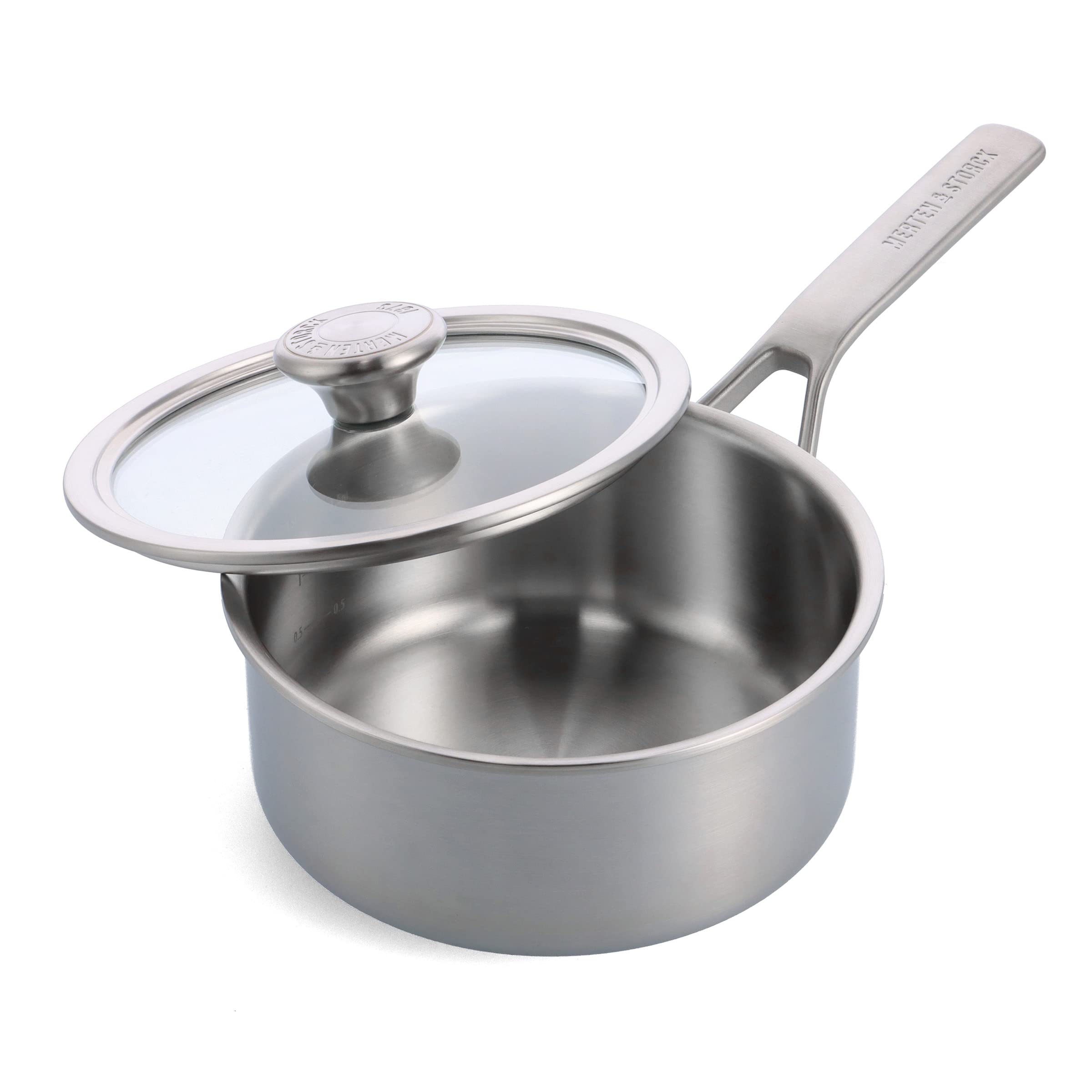 Merten & Storck Tri-Ply Stainless Steel 3QT Saucepan Pot with Lid, Professional Cooking, Multi Clad, Measurement Markings, Drip-