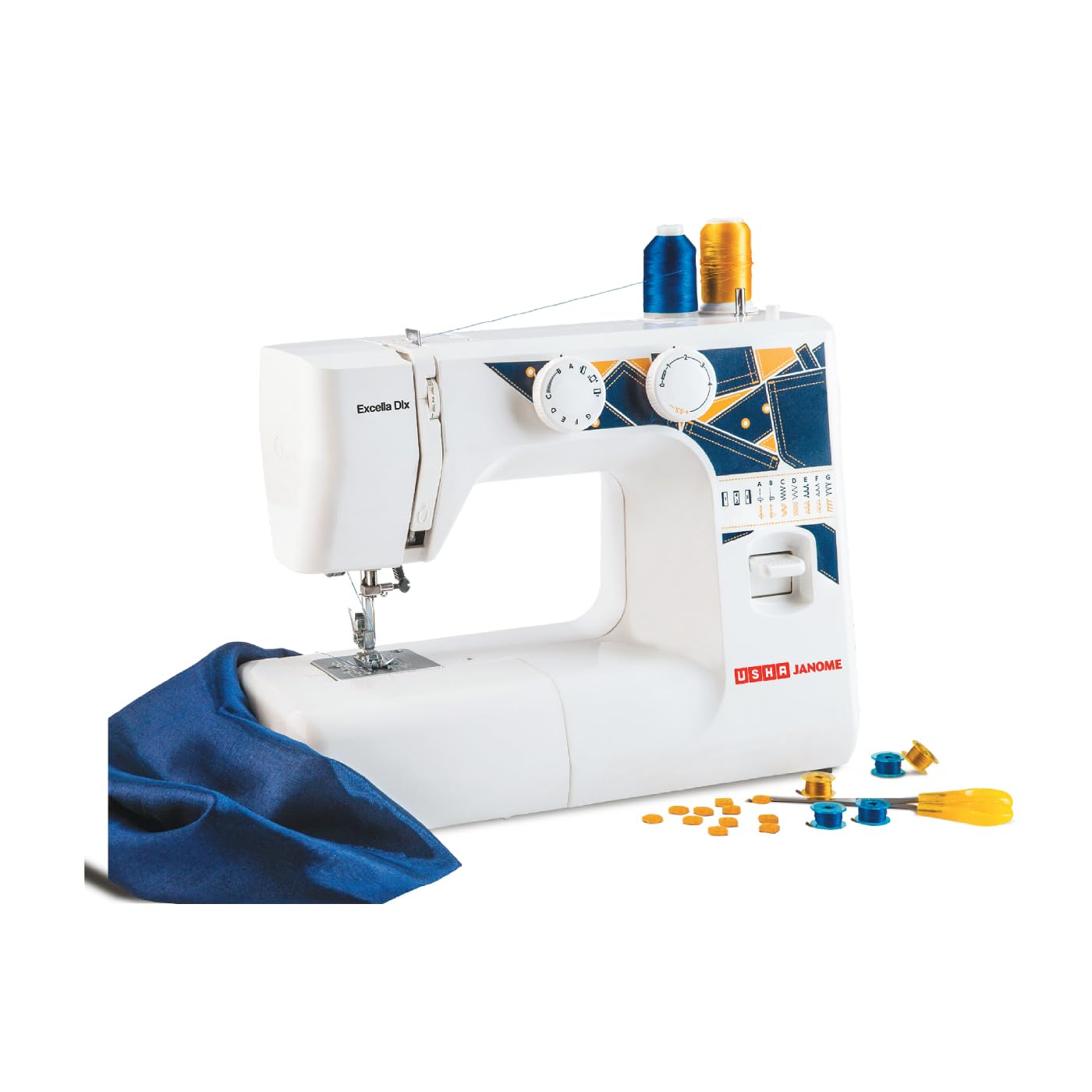 Usha Janome Excella Dlx Automatic Zig-Zag Electric Sewing Machine || 13 Built-In-Stitches || 21 Stitch Function (White & Blue) W