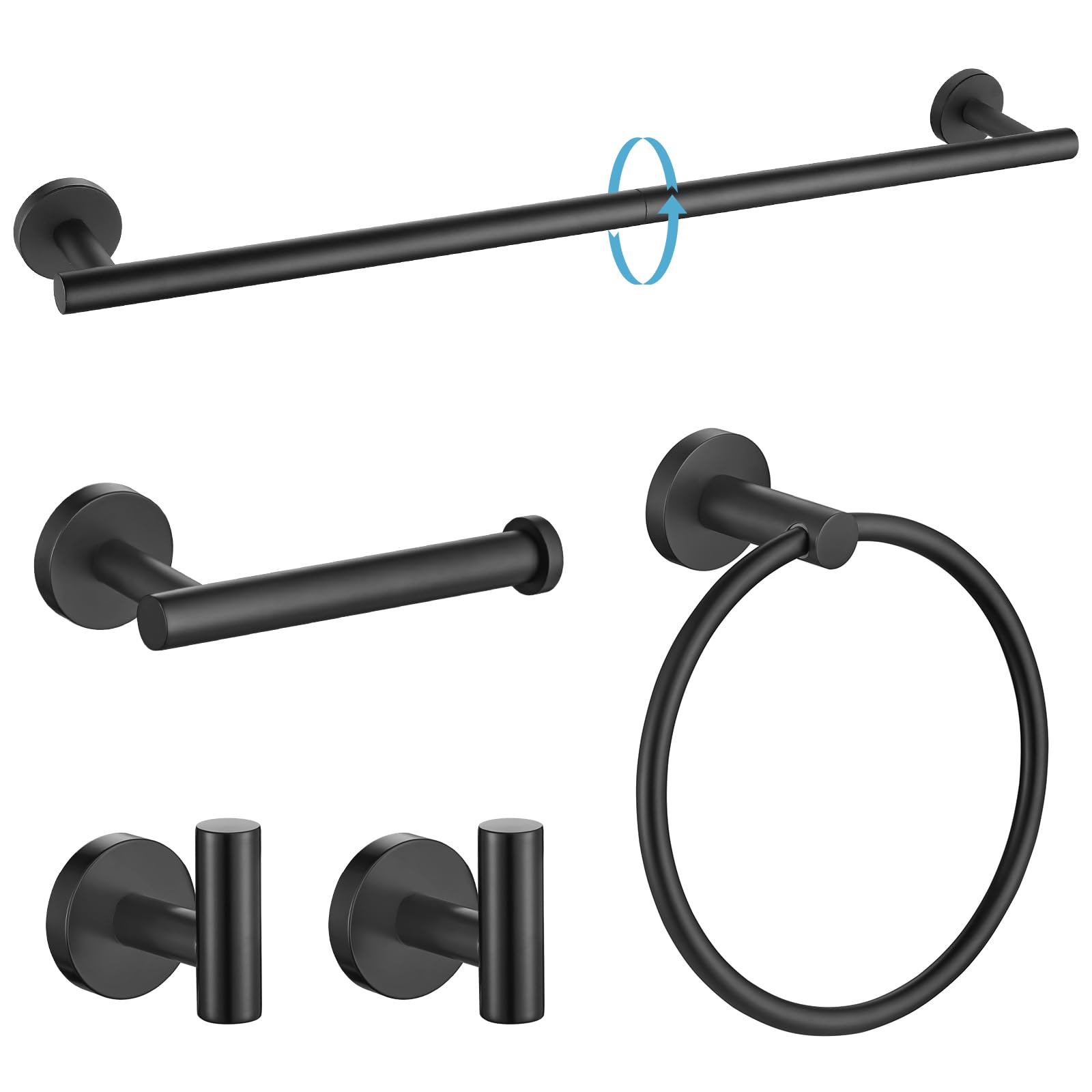 TURS Matte Black Bathroom Hardware Set 5 Piece, SUS304 Stainless Steel Bath Towel Bar Set, 24 Inch Bathroom Accessories Kit Wall