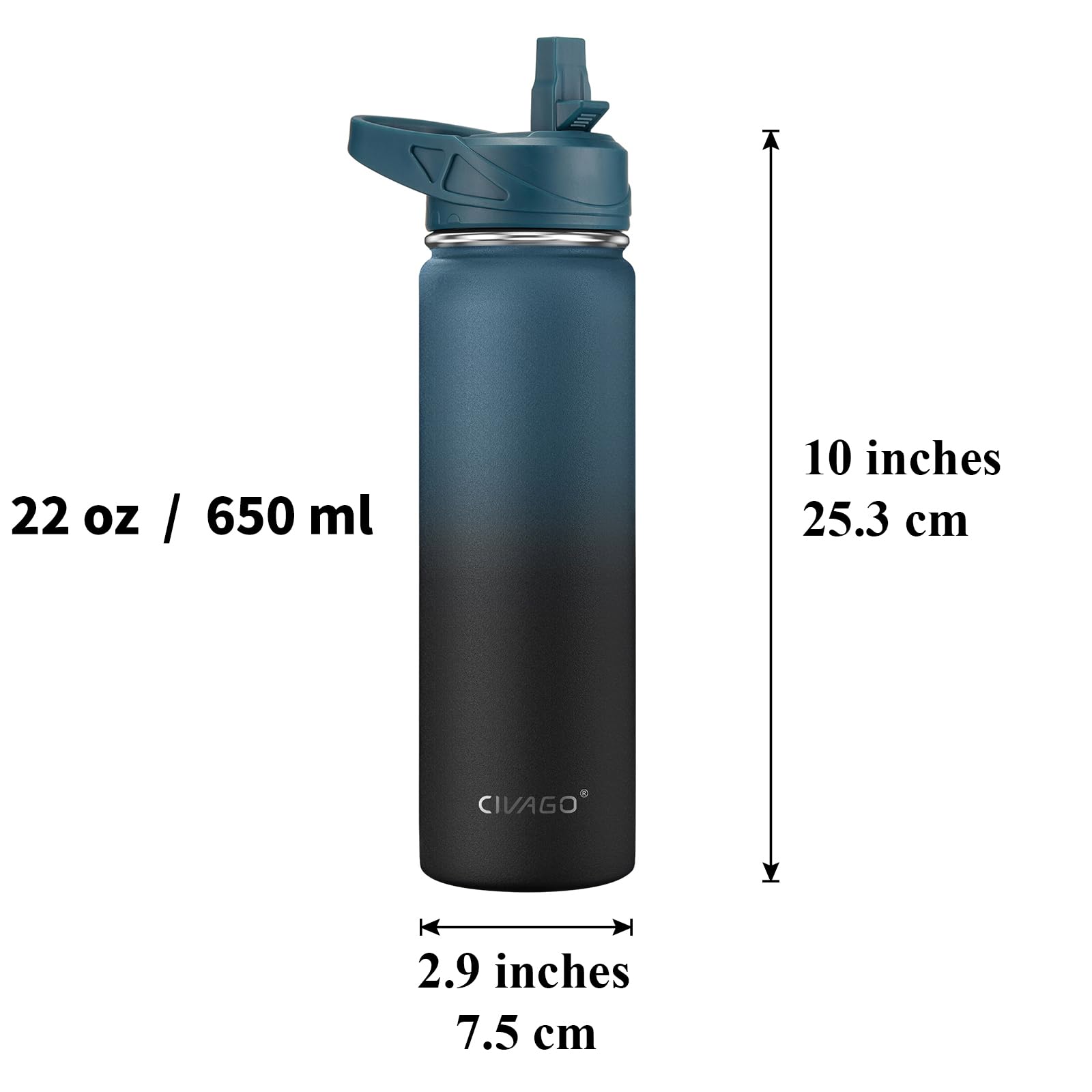 CIVAGO 22 oz Insulated Water Bottle With Straw  Stainless Steel Sports Water Flask Cup with 3 Lids (Straw  Portable Spout and Handle Lid)  Double Walled Travel Thermal Canteen Mug  Army Green