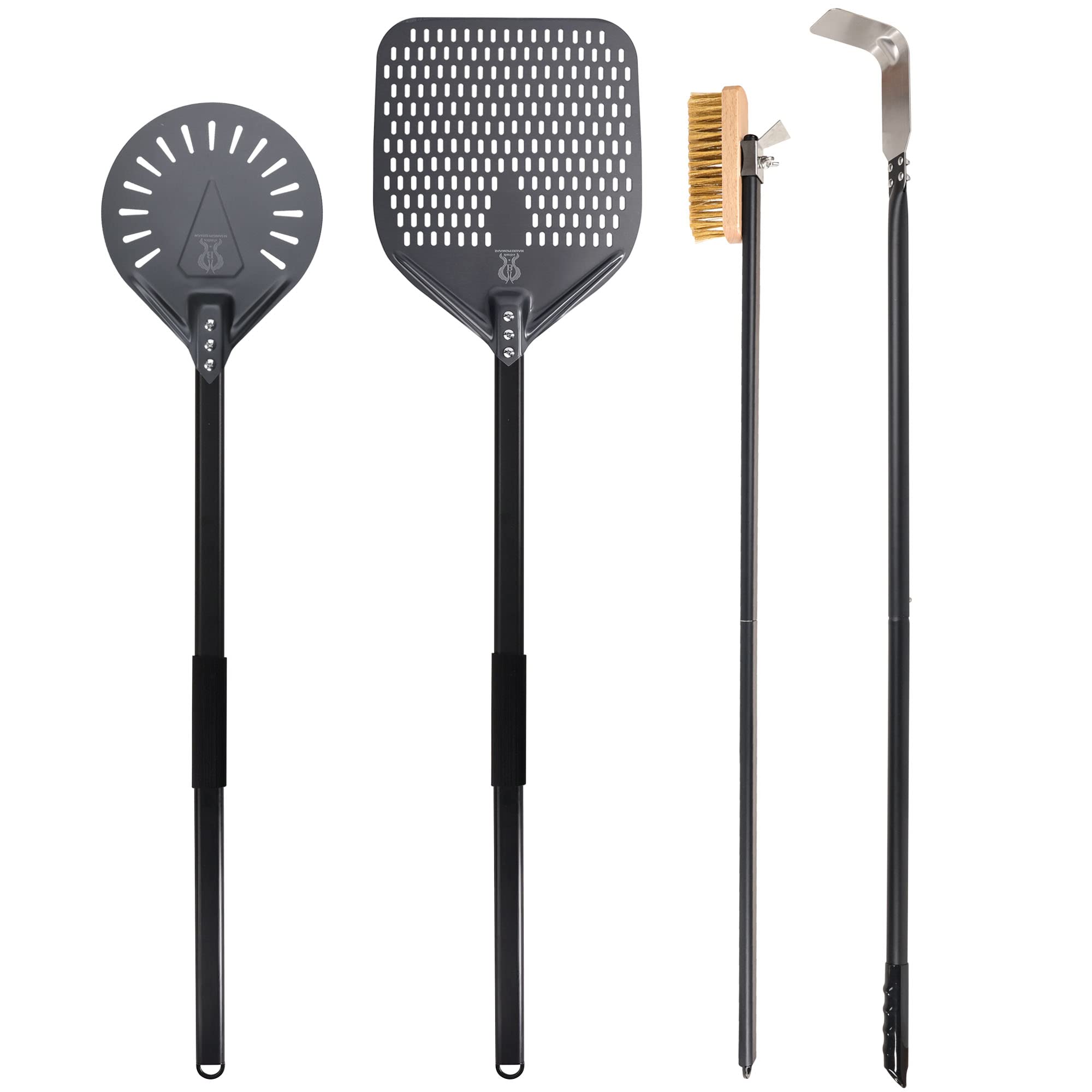 SHANGPEIXUAN Pizza Turning Peel 9 Inch Perforated Pizza Peel and Pizza Brush Ash Rake 4 Piece Wood Fired Commercial Pizza Oven U