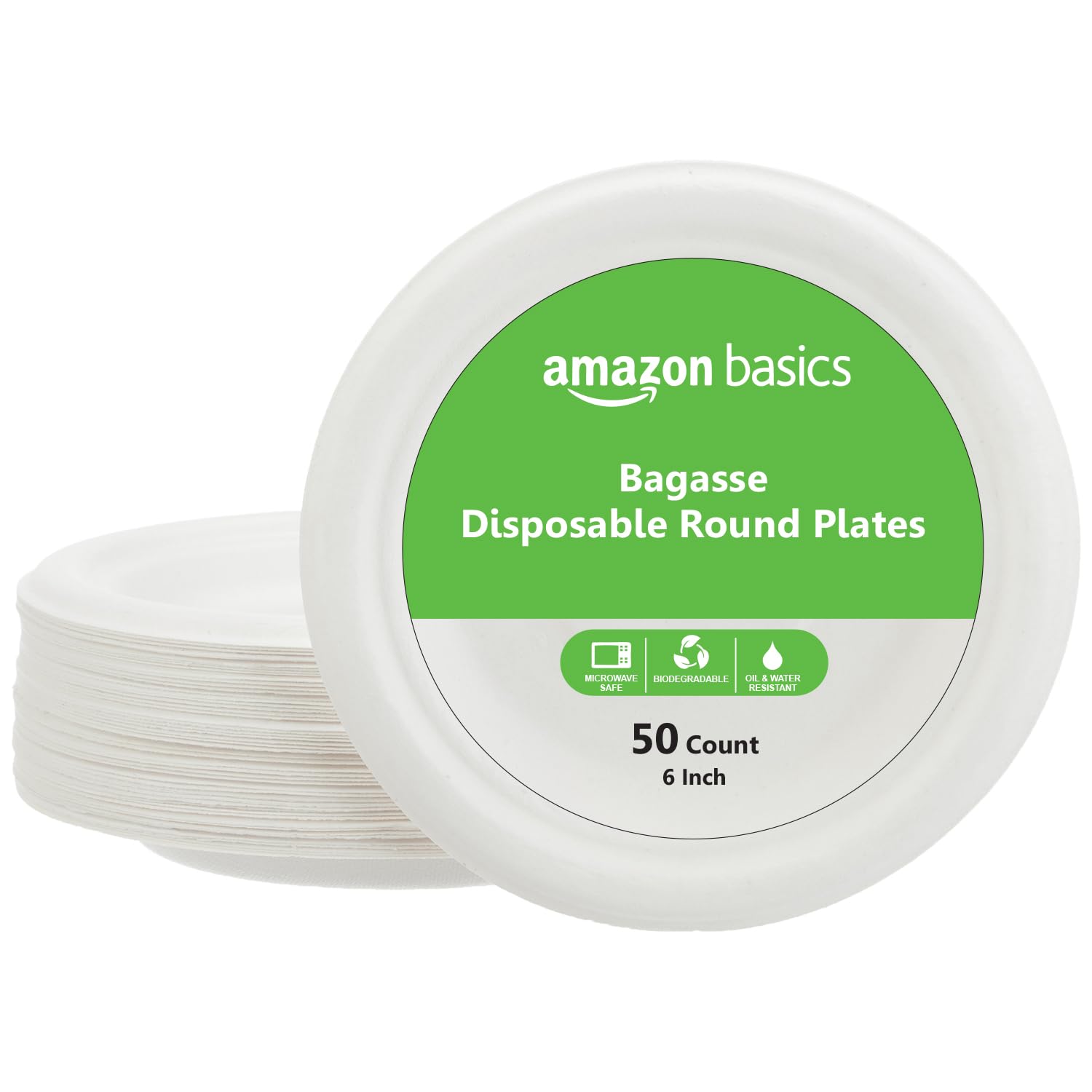 Amazon Basics Bagasse Disposable Round Plates | 6 Inch  Pack Of 50 | Biodegradable | LeakResistant | Hot & Cold Food Safe | Ec