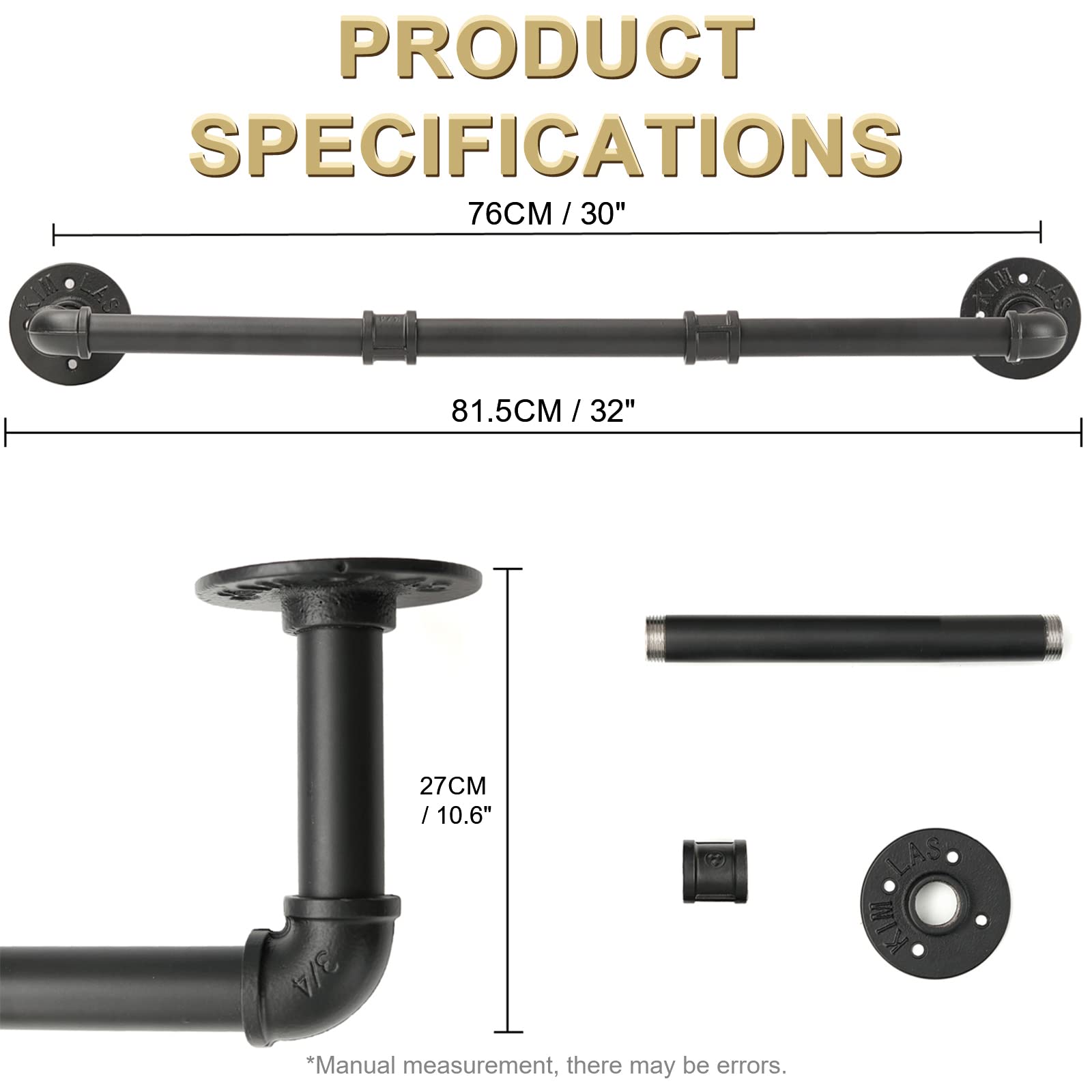 Industrial Pipe Clothing Rack, 30 Wall Mounted Clothes Garment Rack , Black Iron Pipe Clothes Hanging Bar, Heavy Duty Metal Ha