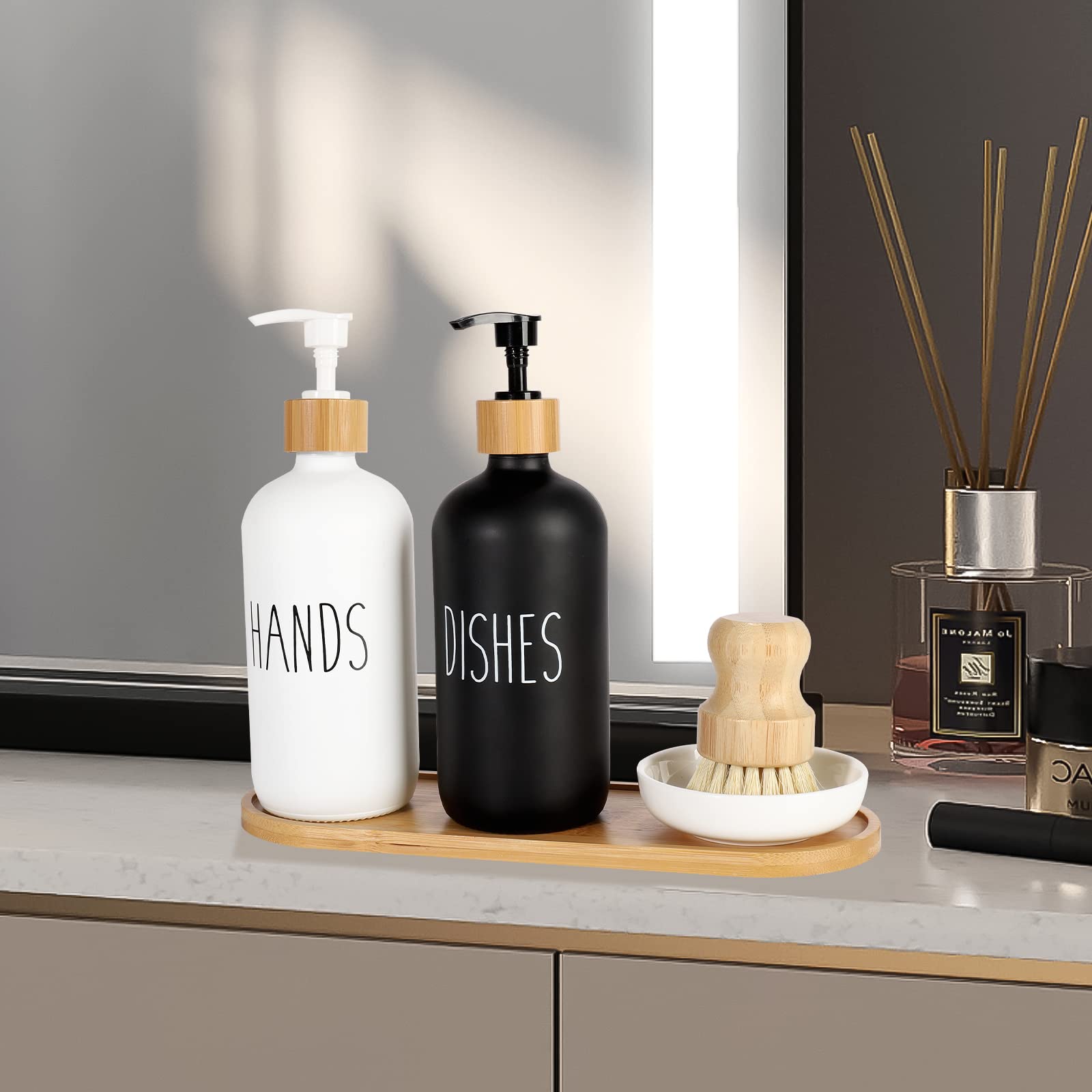 Hand And Dish Soap Dispenser Set, Hand Soap Dispenser For Kitchen, Glass Soap Dispenser With Tray And Bamboo Dish Brush, Kitchen