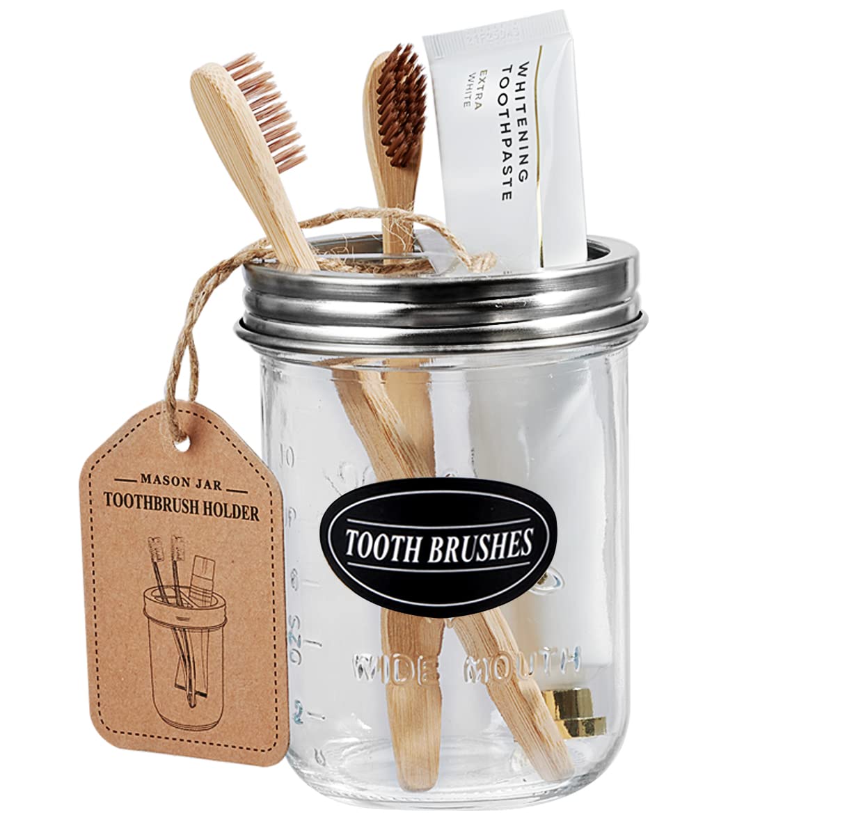 Komashr Mason Jar Toothbrush Holder - Brushed Nickel - With 16 Ounce Ball Mason Jar,Premium Rustproof 304 Stainless Steel Lid An