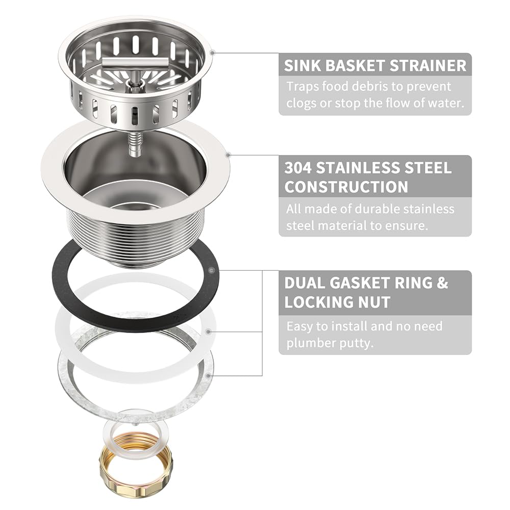 KONE 3-1/2 Inch Kitchen Sink Drain Strainer Assembly Made by All Stainless Steel with Strainer Basket/Drain Stopper  Replacement for Standard Commercial Drains