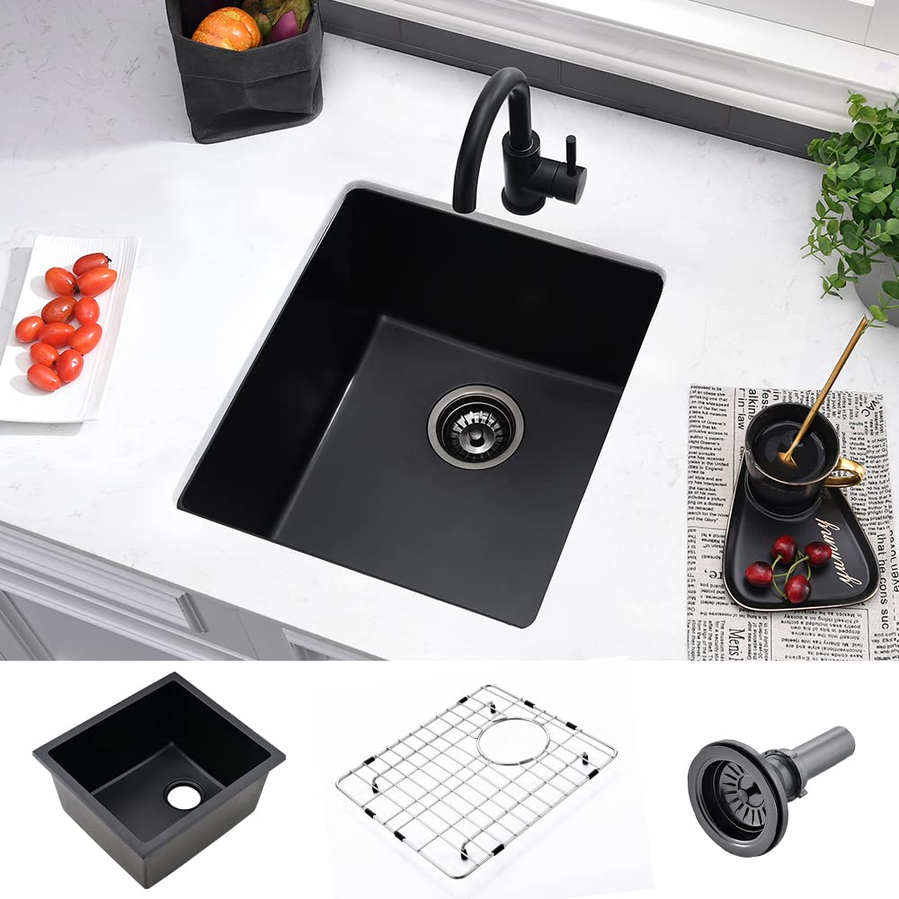 15 Inch Black Bar Sink Undermount Kitchen Sink- Vasoyo 15''X17'' Black Undermount Wet Bar Prep Kitchen Sink Dual Mount Granite U