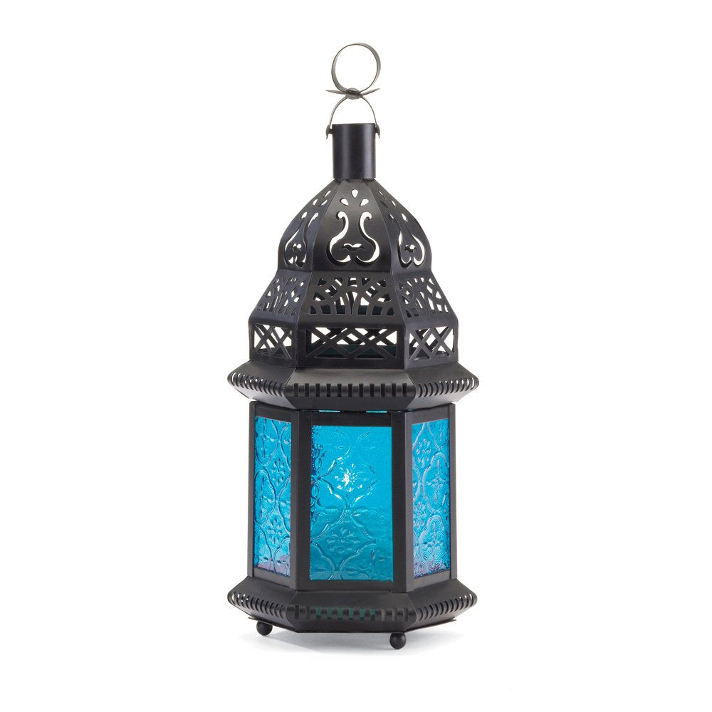 Koehler 37438 10.25 Inch Glass Moroccan Style Lantern, 4.5 x 3.75 x 10.2, Blue, Black