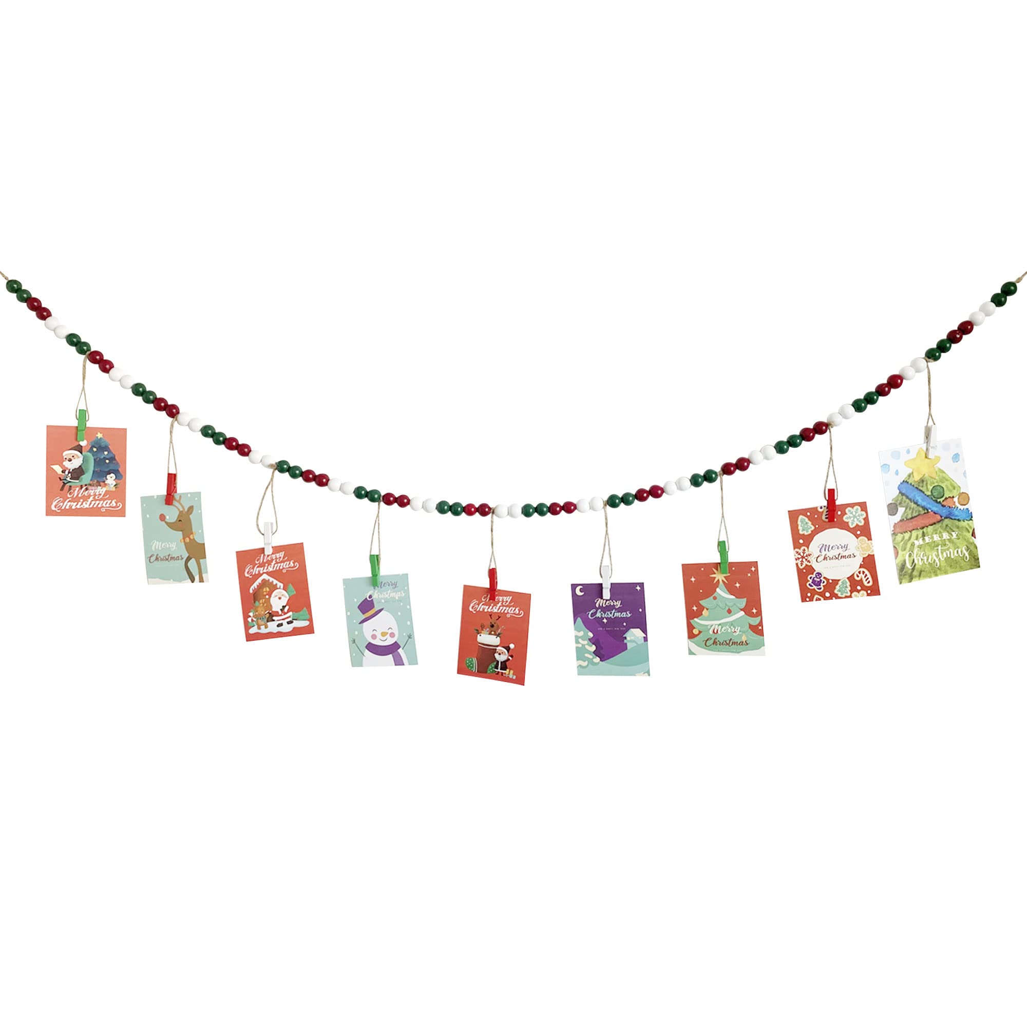 Kintyno Christmas Hanging Photo Display With 9 Clips, Wooden Bead Garland, Boho Style Collage Photo Frame Decoration for Dorms, 