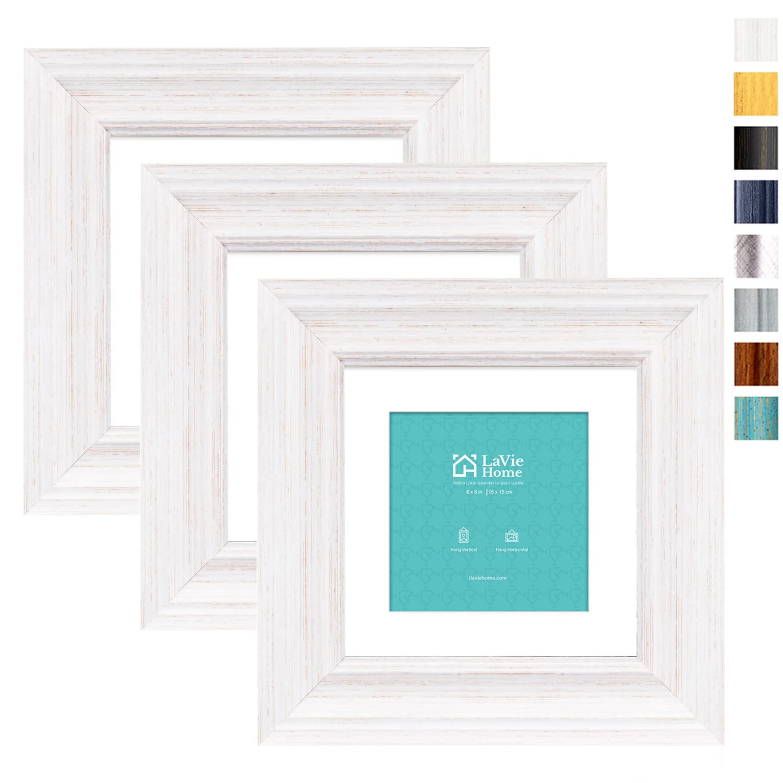 Lavie Home 6X6 Picture Frames (3 Pack, Distressed White) With Mat For 4X4 Photos Rustic Wood Grain Photo Frame With High Definit