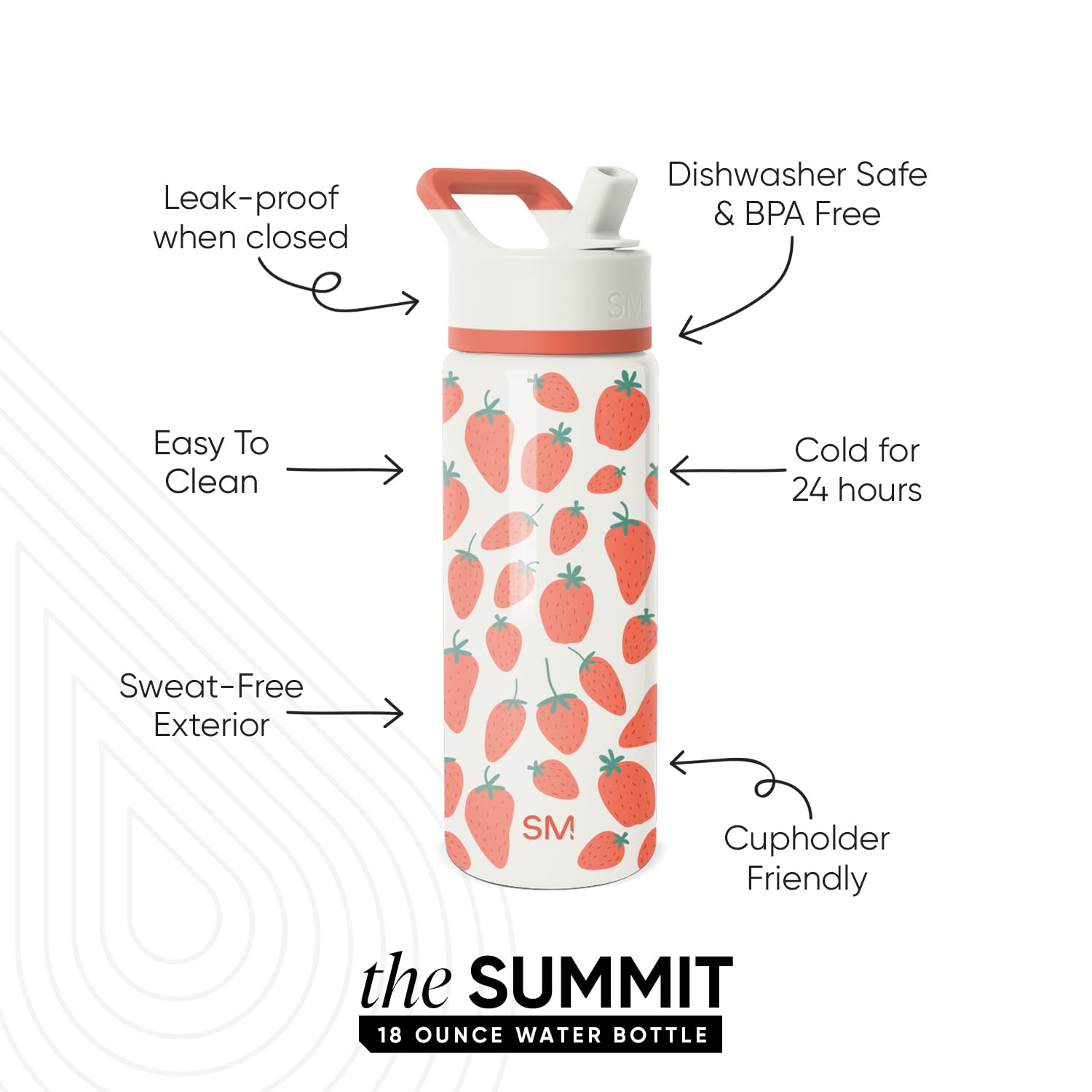 Simple Modern Kids Summit Water Bottle with Straw Lid | 18oz Stainless Steel Cup Insulated Tumbler for Girls, School | Strawberr