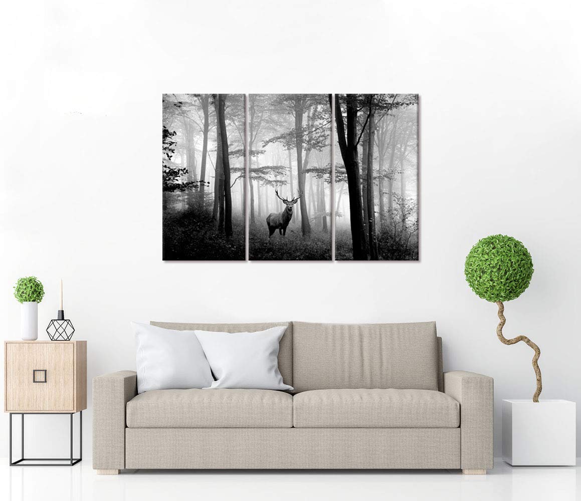 Welmeco 3 Pieces Animals Wall Decor Black And White Deer In Autumn Forest Canvas Prints Artwork For Home Office Nature Scenery L
