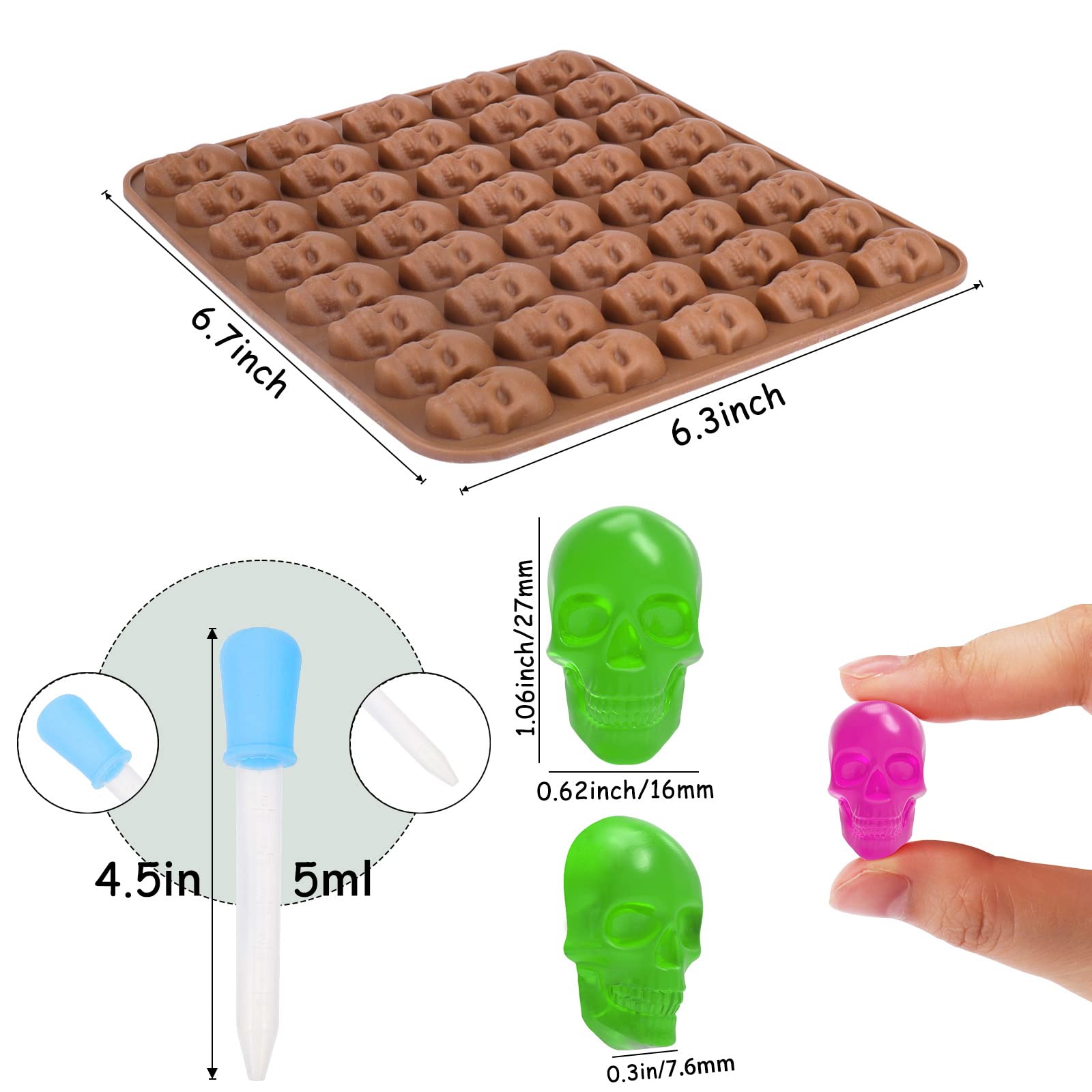 Juome Gummy Skull Silicone Candy Molds, 2 Pack Mini Skull Gummie Chocolate Molds With Dropper For Halloween Gummies, Candies, Je