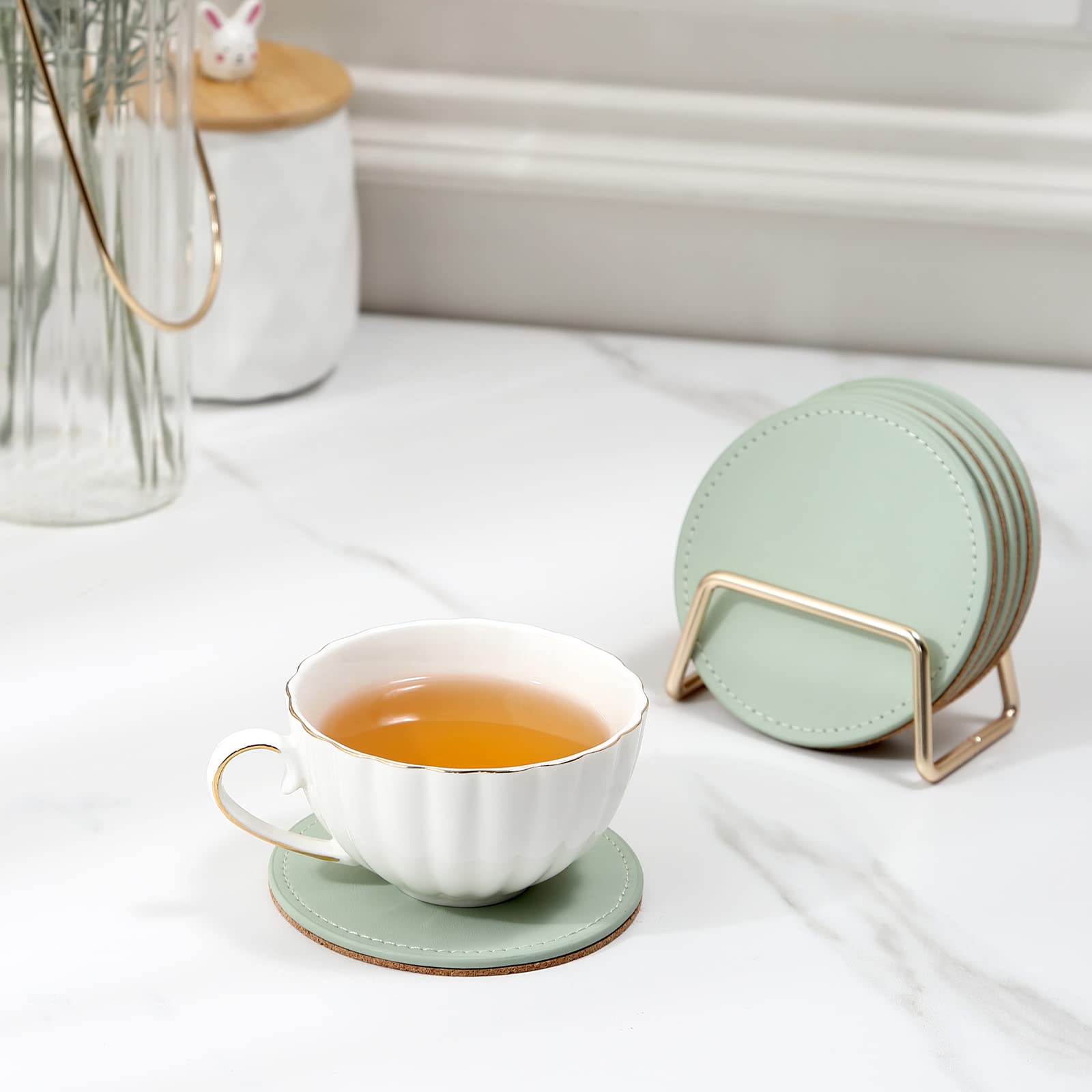 Casegrace Drink Coasters With Metal Holder Stand Set Of 6, Pu Leather Absorbent Coasters With Cork Base Table Coaster Set Decora