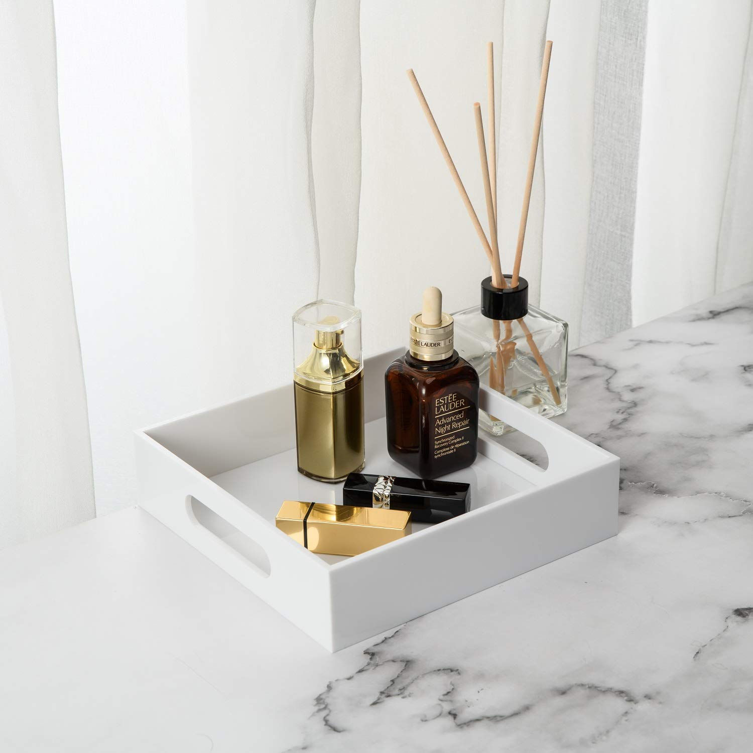 Kevlang White Sturdy Acrylic Tray With Handles-8X8 Inch- Countertop Organizer Tray For Kitchen,Bathroom,Office- Storage Box For