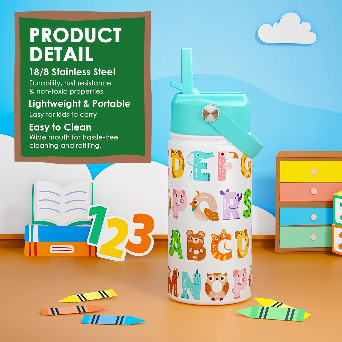 SANDJEST Alphabet Kids Water Bottle with Straw Lid 12oz Insulated Stainless Steel, Travel Tumbler, Animal Gifts for Boys Girls,