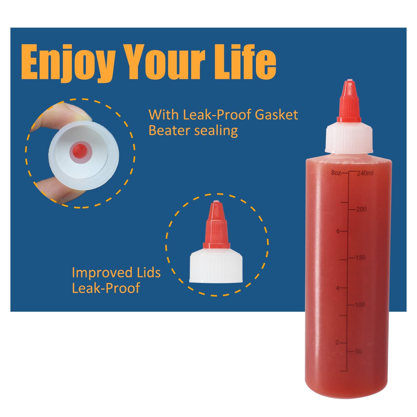 Belinlen 10 Pack 8 Oz Graduated Plastic Squeeze Squirt Condiment Bottles With Red Twist On Cap Lids - For Condiments, Oil, Icing