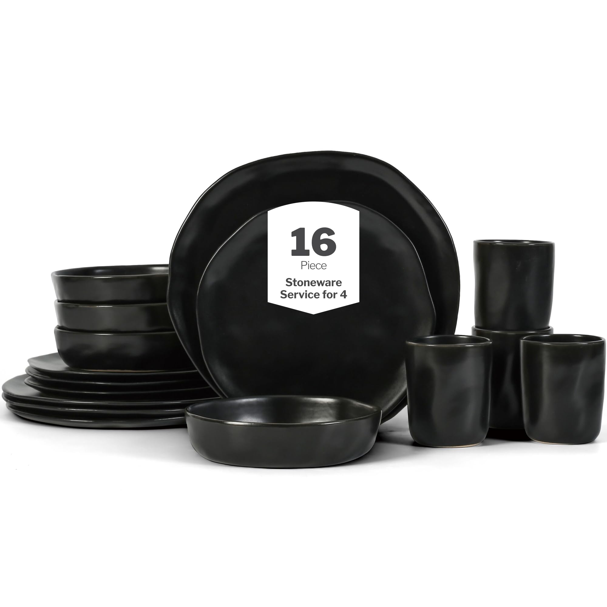Stone by Mercer Project HEKONDA Modern Stoneware 16-Piece Dinnerware Set, Plate and Bowl Set, Dish Set for 4, Black