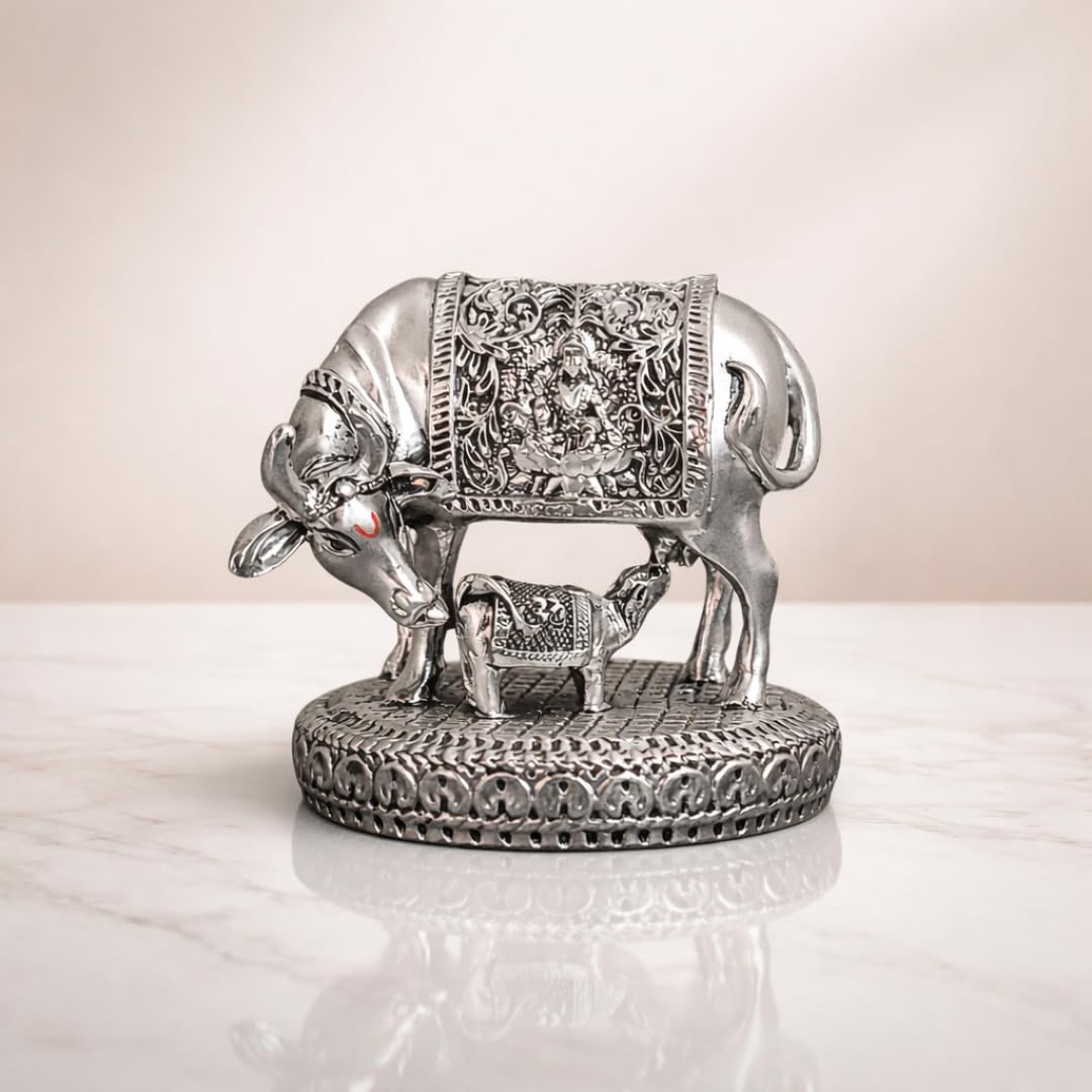 Gold Art India Kamdhenu Cow And Calf Idol | Silver Plated Antique Finish Decorative Murti | 6.35 Cm X 6.35 Cm | Sacred Gau Mata 