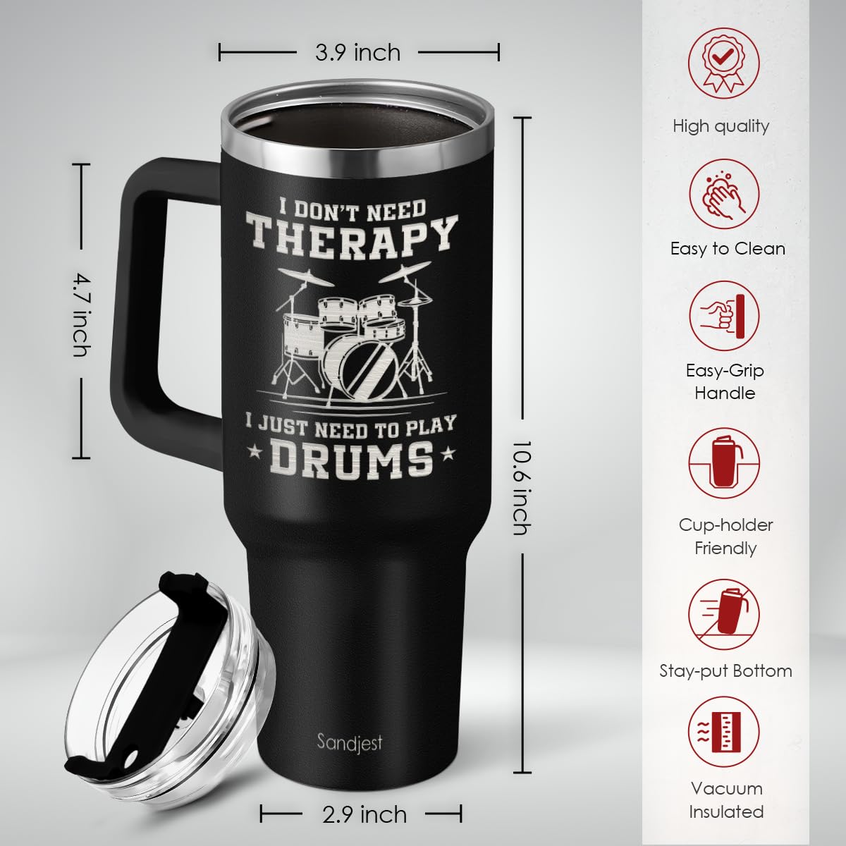 SANDJEST Drummer Gifts for Men, 40oz Stainless Steel Insulated Coffee Tumbler with Lid & Straw, Travel Mug Cup Gift for Drummers