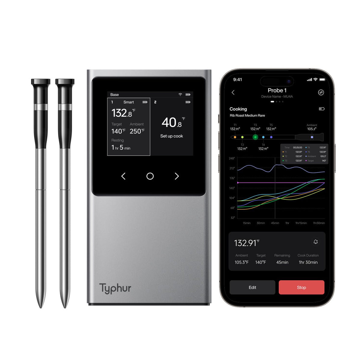 Typhur Sync Smart Wireless Meat Thermometer | 2 Probes | 6 Sensors | Bluetooth 5.4 And Unlimited Wifi Monitoring | Improved Stab