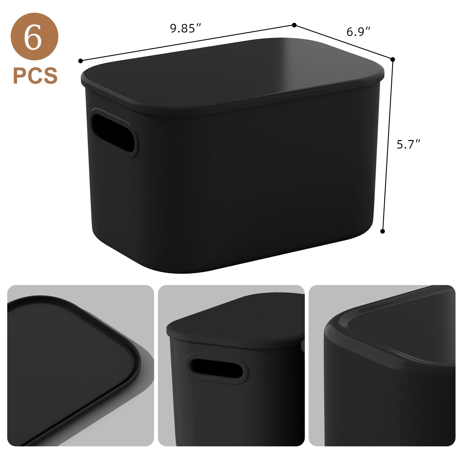 Orgidol 6 Pack Black Storage Bins With Lids Stackable Storage Container For Organizing, Storage Boxes With Handle For Shelves, C