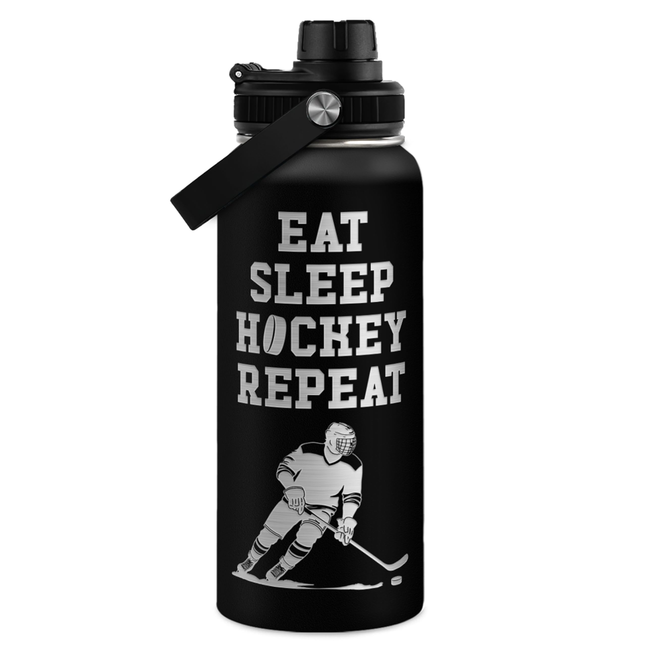 Ice Hockey Insulated Engraved Stainless Steel Water Bottle 32oz, Vacuum Chug Lid Travel Tumbler For Men Friends Hockey Lovers Fa
