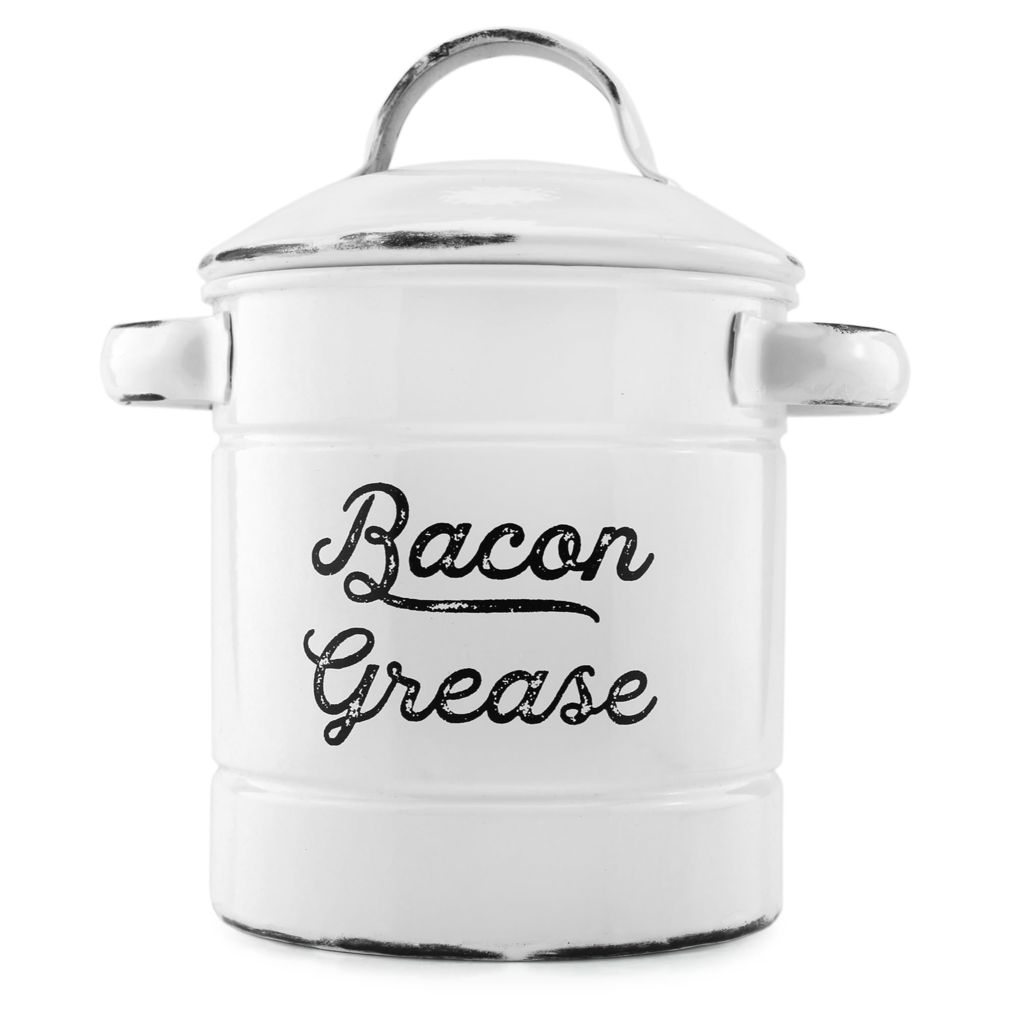 AuldHome Grease Container, White Enamelware Bacon Grease Can with Strainer, Farmhouse Style, Keto-Friendly