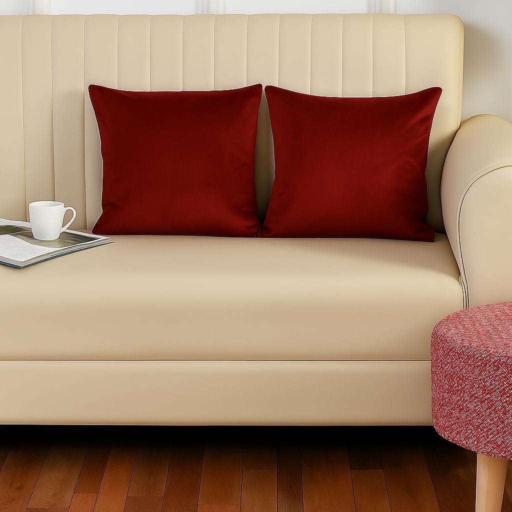 Stuffique Velvet Pillow Solid Plain 190 Tc Cushion Covers Pack Of 3 (12 X 12 Inch) Red