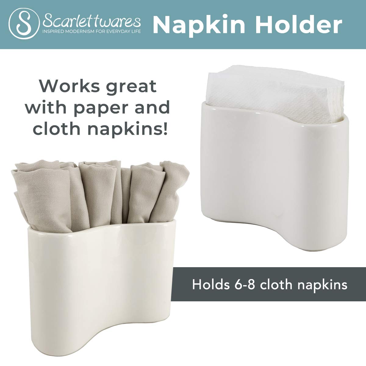 Scarlettwares Napkin Holder For Table Kitchen Paper Linen Cloth Napkins Upright Stand Up Sturdy Stylish Modern Compact Ceramic W