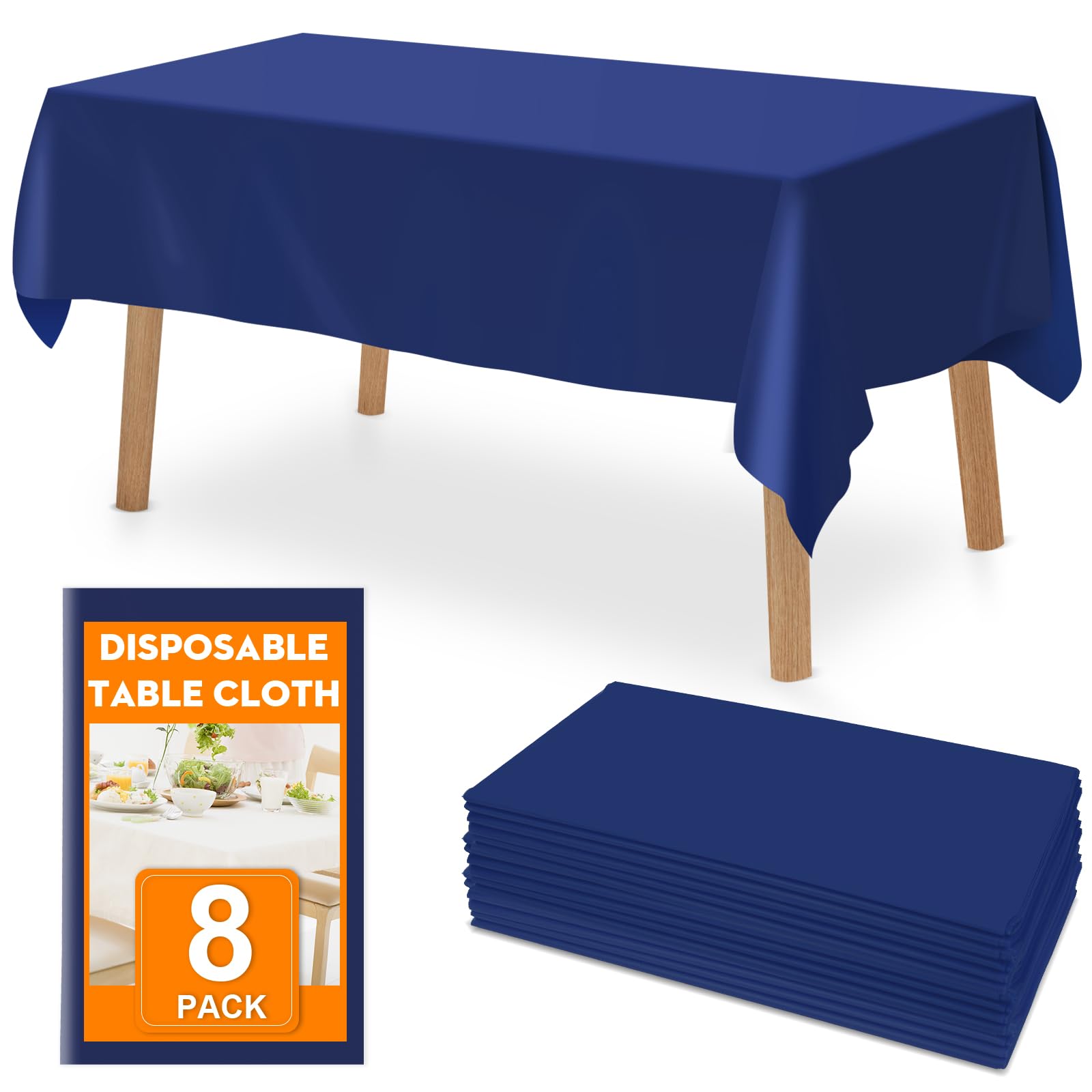 RowinsyDD 8 Pack Blue Plastic Table Cloths Disposable, 54 x 108 Inches Plastic Table Cover for Rectangle Tables, Disposable Tabl