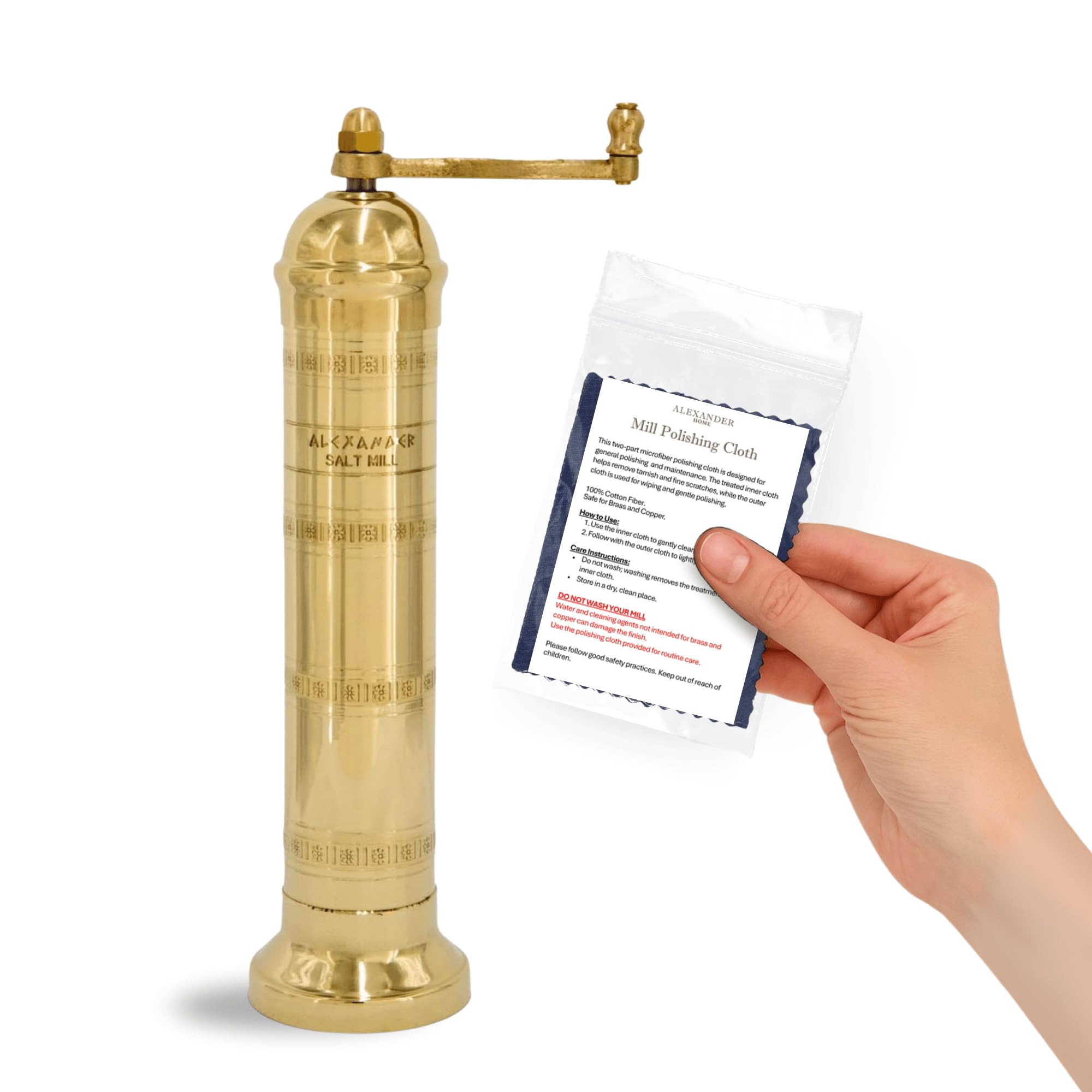 Alexander Home Original Greek Salt Mill, 9-Inch Brass - European Manual Salt Grinder, Refillable, with Polishing Cloth