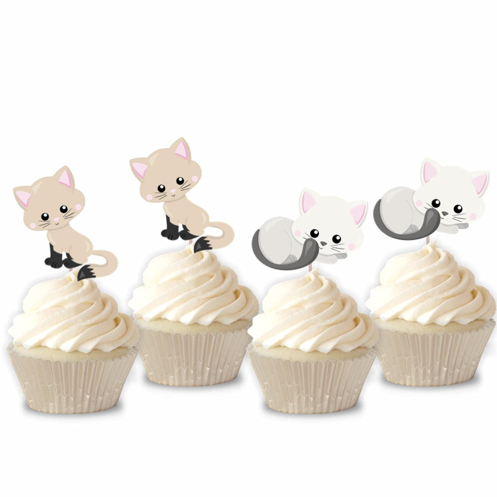 Mirabuy 48 Pcs Cute Cat Kitten Cupcake Toppers Picks For Pet Themed Party, Birthday Party