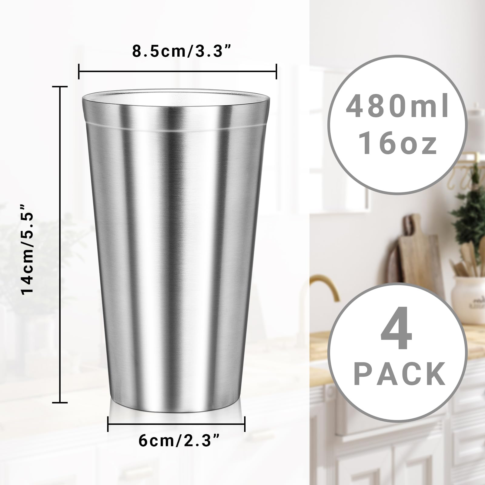 Offiper Stainless Steel Cups, 16 Oz Insulated Tumbler, 4 Pack Double Wall Unbreakable Stackable Water Tumblers Vacuum Insulated