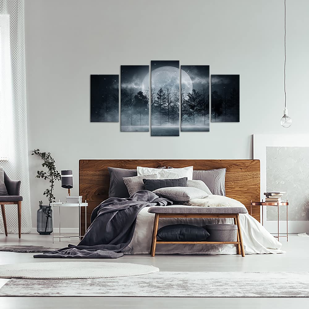 Vanseeing 5 Panels Forest Under Full Moon Canvas Wall Art Mystic Night Scene Picture Prints Large Nature Landscape Wall Decor Re