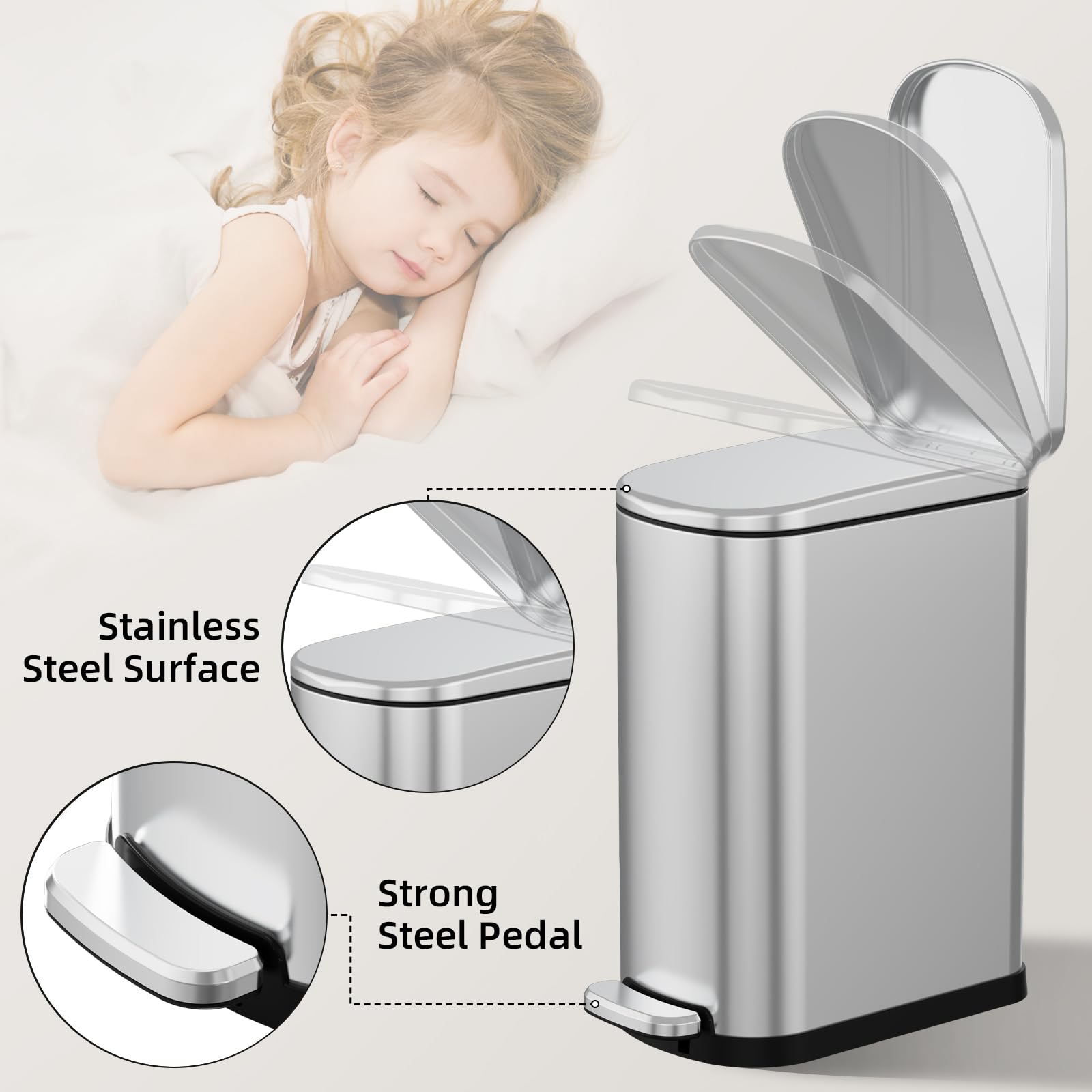 Kuk Slim Bathroom Trash Can With Lid, 2.6 Gallon (10 L) Stainless Steel Step Small Garbage Can With Removable Inner Bucket, Soft