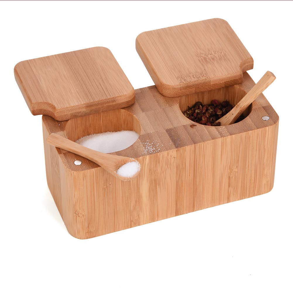 Bamboo Swivel Salt Pepper Spice Box Cellars Pinch Pot With Magnetic Lid-2 Pot For Herbs And Spices + 2Pcs Mini Salt Spoon