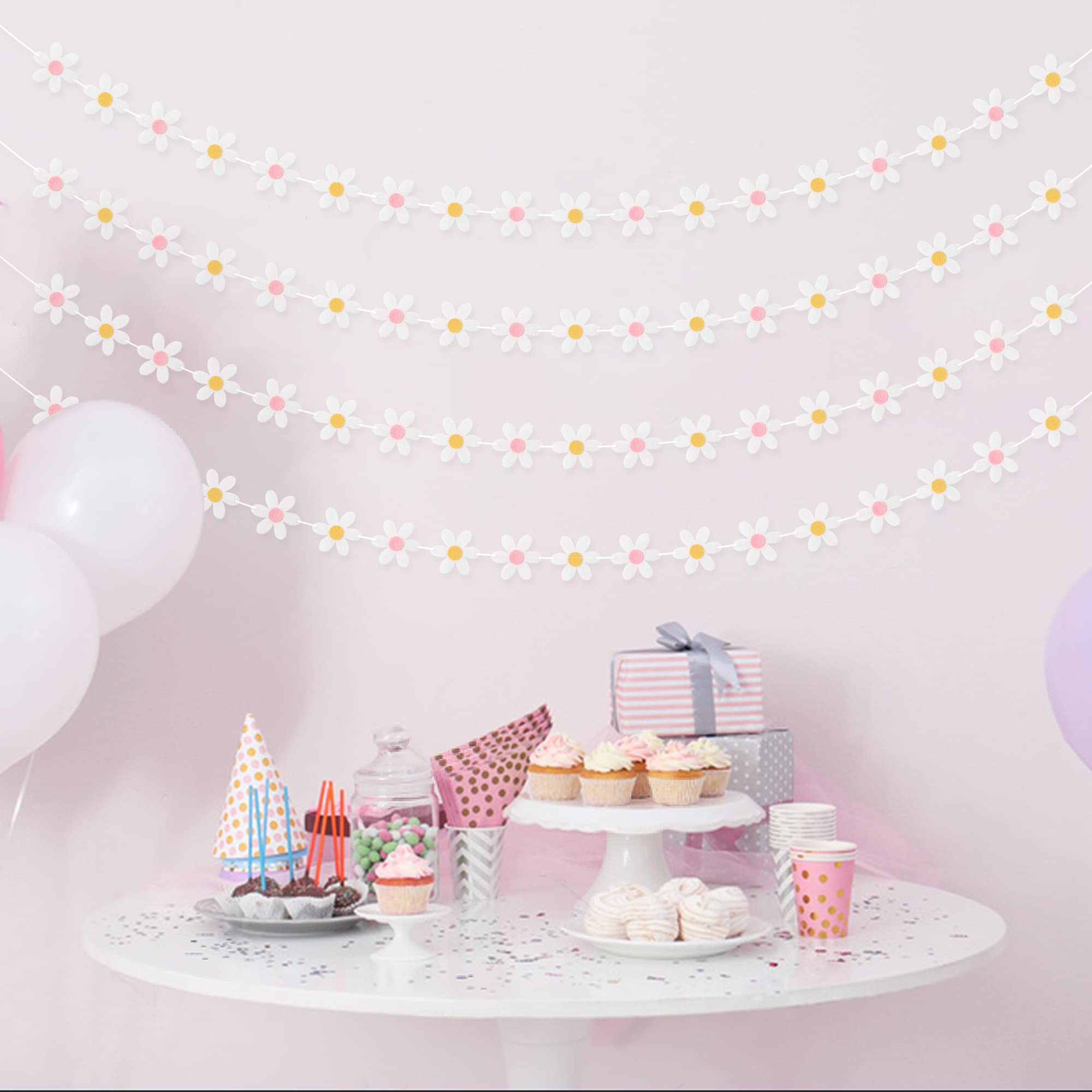 A1Diee 4Pcs Summer Daisy Groovy Boho Garland Felt Artificial White Flower Vines Banner Spring Daisy Party Supplies Flower Garlan