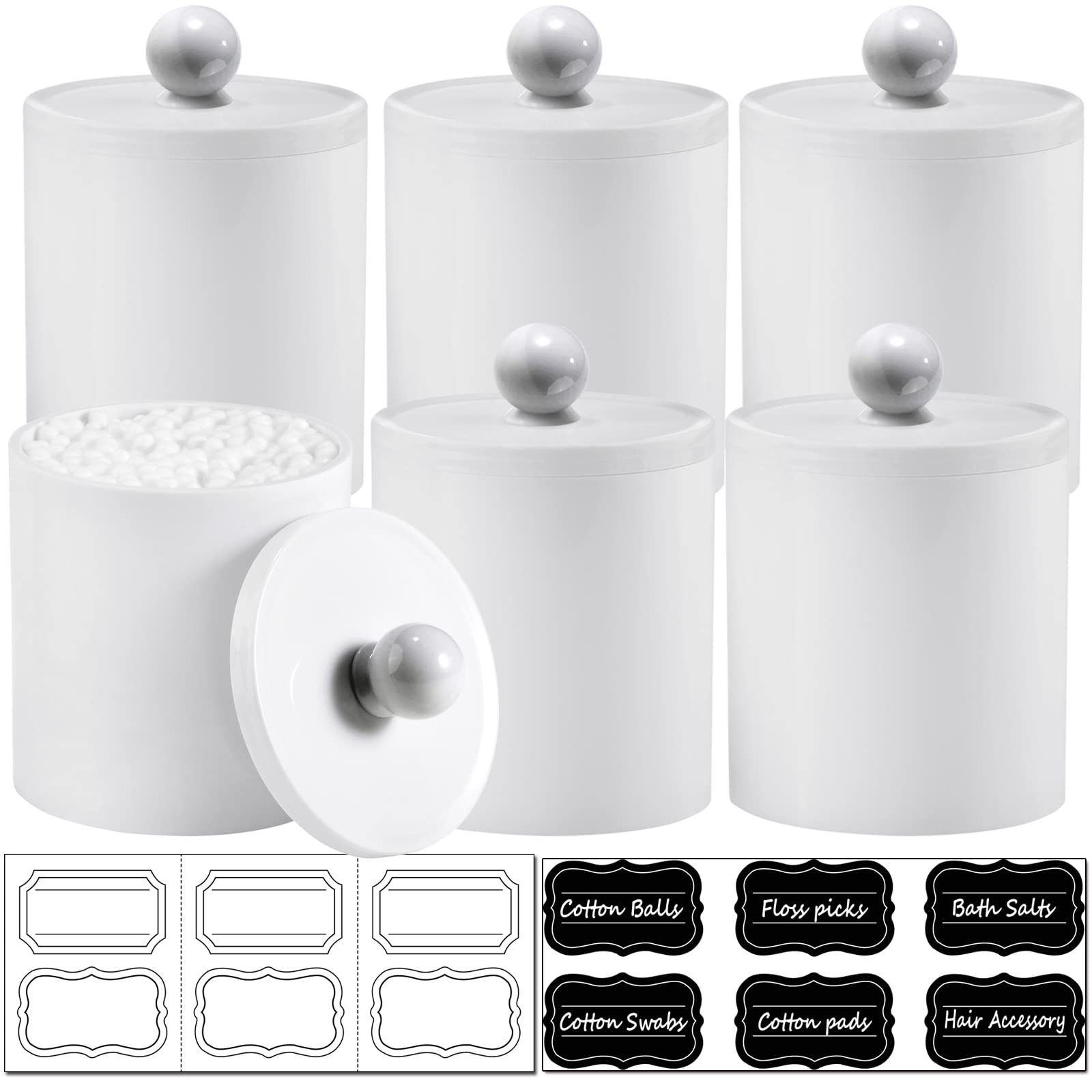 6 Pack Of 12 Oz. Qtip Dispenser Apothecary Jars Bathroom With Labels - Qtip Holder Storage Canister Clear Plastic Acrylic Jar Fo