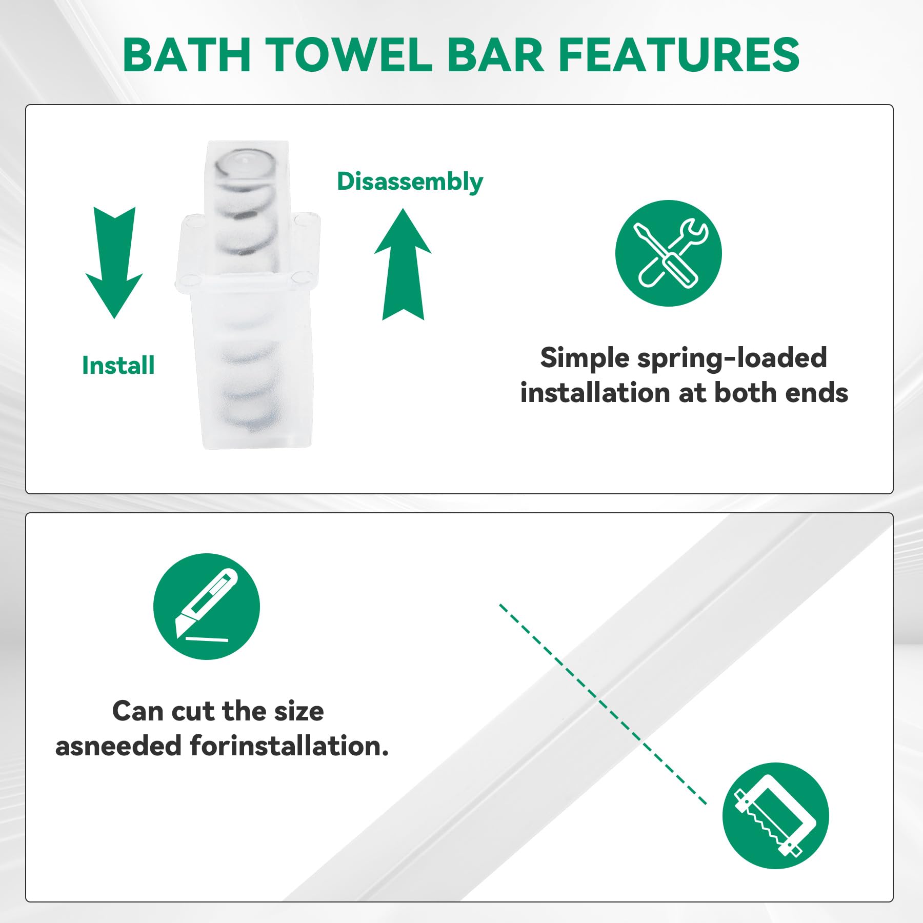 24-Inch Spring End Wall-Mounted Towel Bar, Adjustable Sturdy Plastic Towel Holder For Bathroom Kitchen Towel Storage White 2 Pac