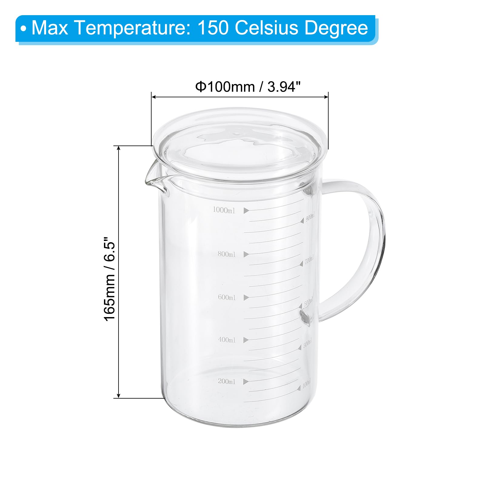 Patikil 1000Ml Glass Measuring Cup, 3.3 Borosilicate Glass Graduated White Printed Scale Liquid Measure Cups Beaker With Glass L