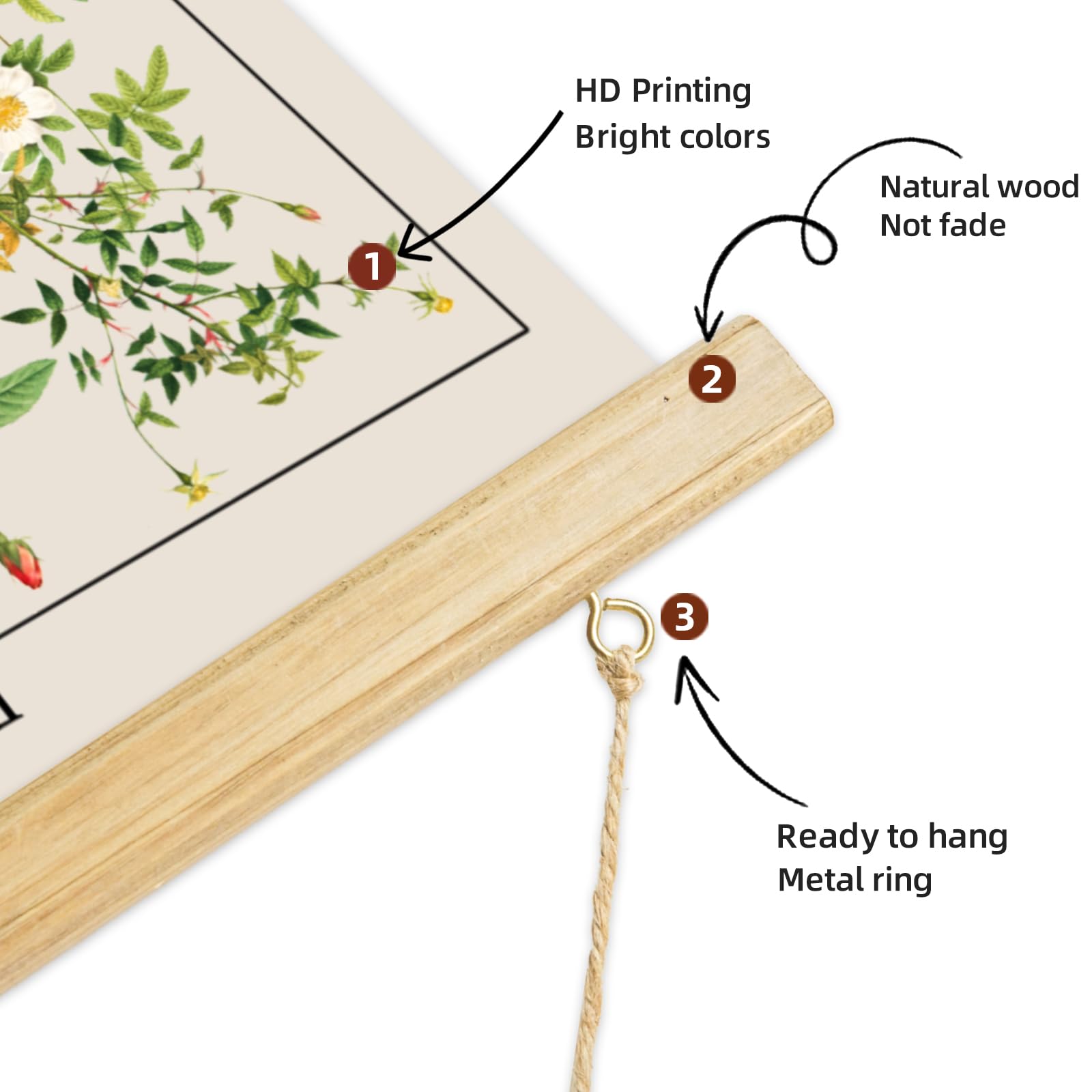Ovfovy Vintage Wildflower Poster With Wooden Frame, Retro Botanical Educational Art Chart - Cute Style Wall Hanging For Home Cla