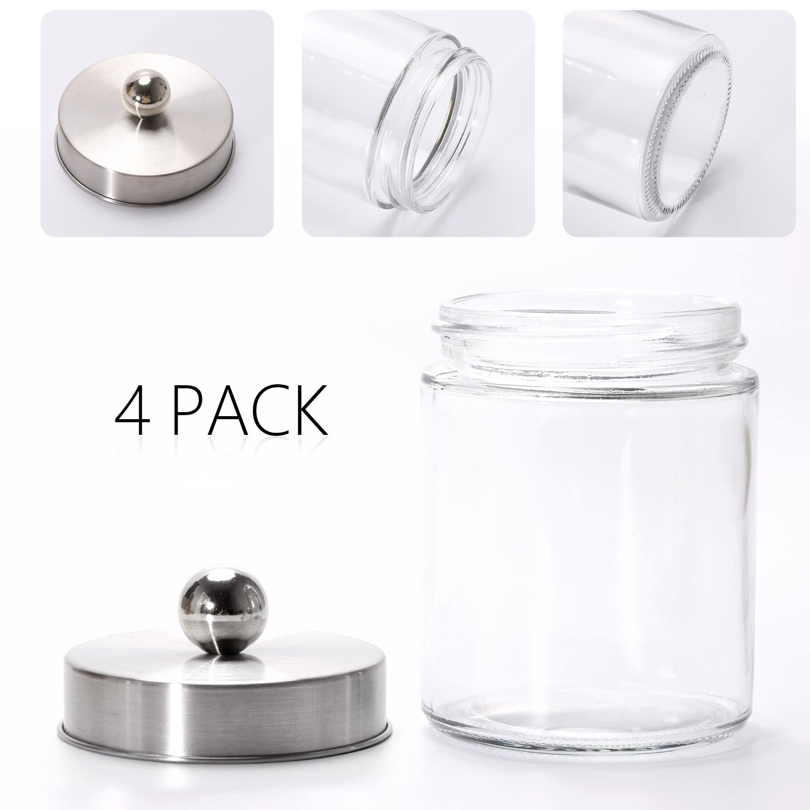 Tbestmax Glass Qtip Holder Dispenser  10-Ounce Bathroom Containers Apothecary Jars with Metal Lids for Cotton Ball Swab Pad (4 Pack)