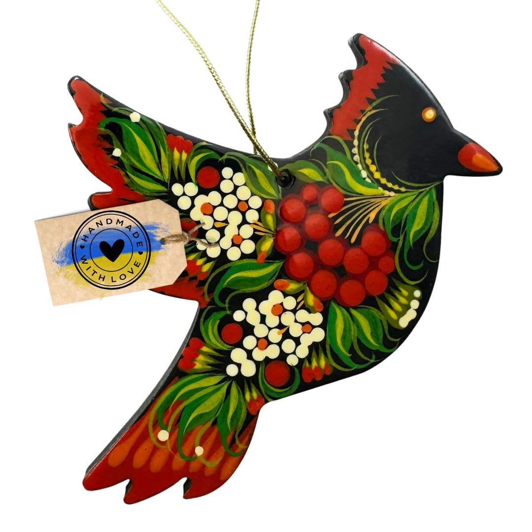 Wooden Flat Christmas Ornament Cardinal Bird Hand-Painted Colorful Hanging Floral Country Decoration 2,8 x 3,5 x 0,2 inch, Handc